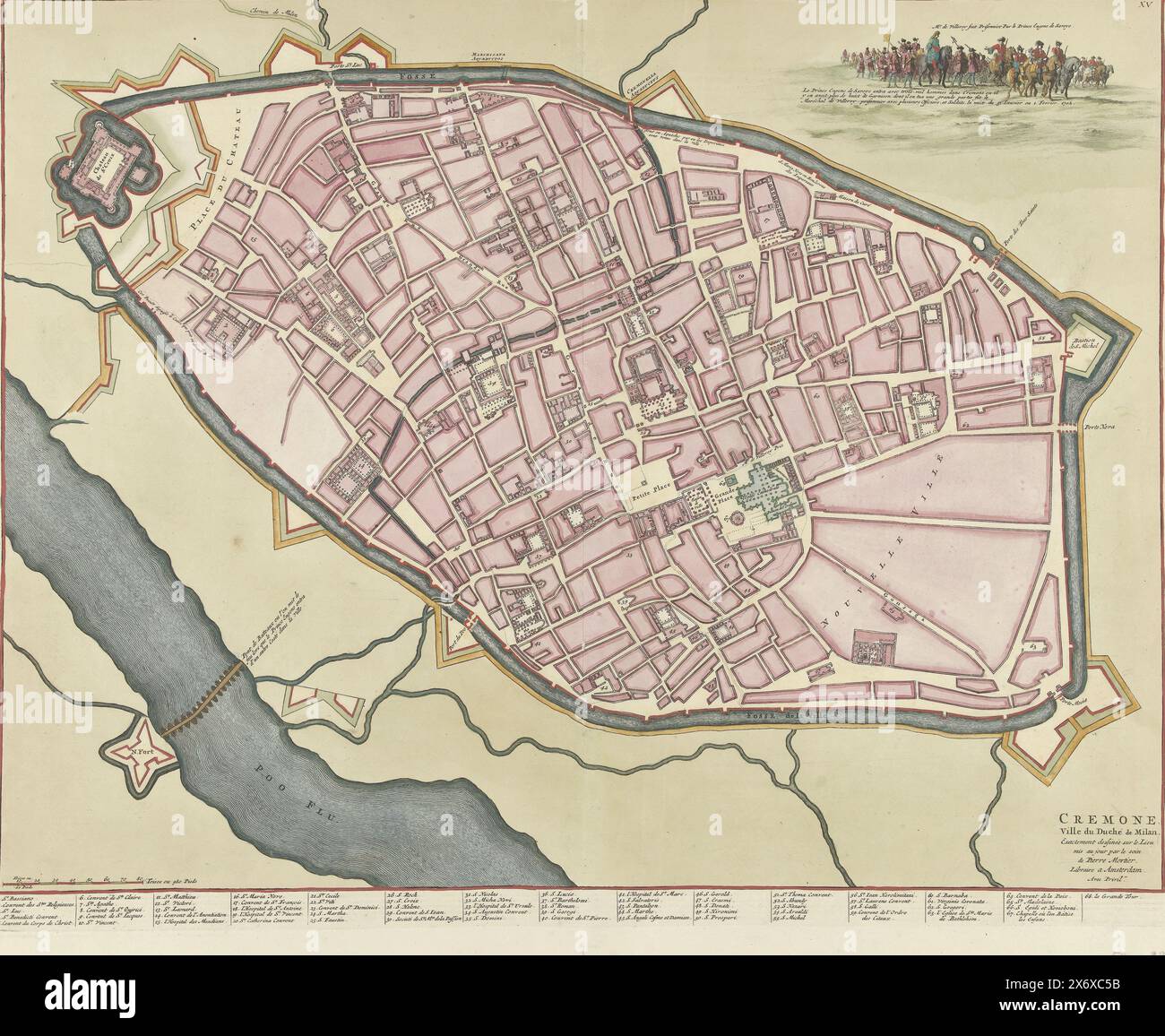 Mappa di Cremona, 1702, Cremone. Ville du Duché de Milan (titolo sull'oggetto), Mappa della città italiana di Cremona, catturata di sorpresa dalle truppe alleate al comando del principe Eugenio di Savoia nella notte tra il 31 gennaio e il 1 febbraio 1702. In cima una piccola scena con il comandante dell'esercito francese catturato Villeroy. In fondo alla leggenda 1-68 in francese. Numerato in alto a destra (a mano): XV., stampa, stampatore: Caspar Luyken, (possibilmente), editore: Pieter Mortier (i), (menzionato sull'oggetto), sconosciuto, (menzionato sull'oggetto), stampatore: Paesi Bassi del Nord, editore: Amsterdam, 1702, carta, incisione Foto Stock