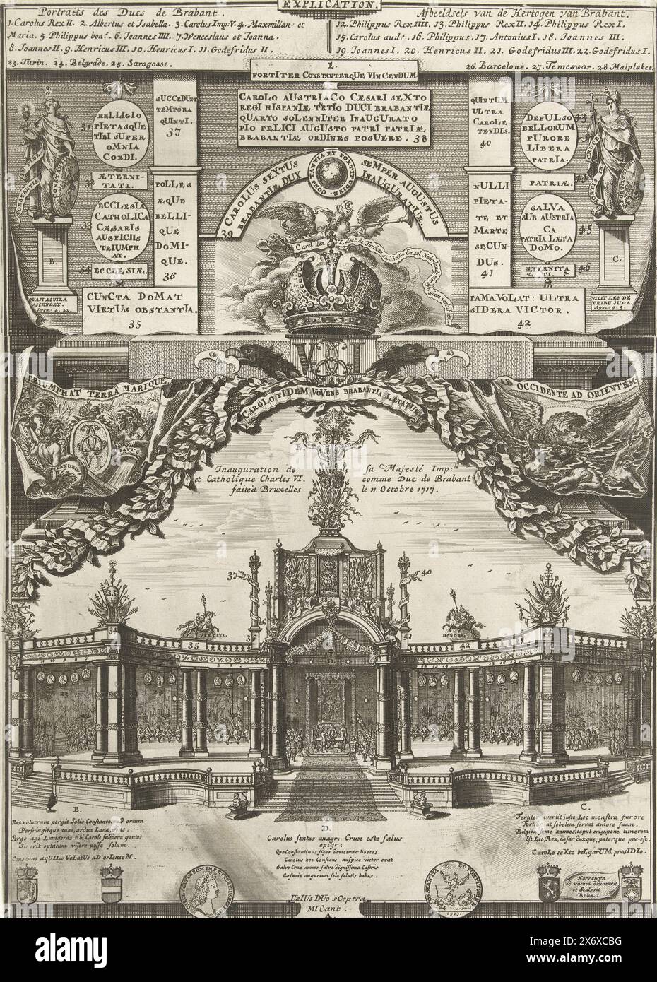 Inaugurazione dell'Imperatore Carlo vi come Duca di Brabante a Bruxelles, 1717, Inauguration de sa Majesté Imp:le et Catholique Charles vi. Comme Duc de Brabant faite à Bruxelles le 11. Ottobre 1717 (titolo sull'oggetto), foglia stampata da due tavole. In basso: Inaugurazione dell'imperatore Carlo vi come duca di Brabante a Bruxelles, 11 ottobre 1717. Cerimonia su un podio con arco onorario e colonne, eretta sulla Grand Place di fronte al Municipio. Decorato nella parte superiore con striscioni con emblemi, nella parte inferiore con armi e una medaglia. In cima: I nomi dei duchi del Brabante erano 1-22 e il Foto Stock