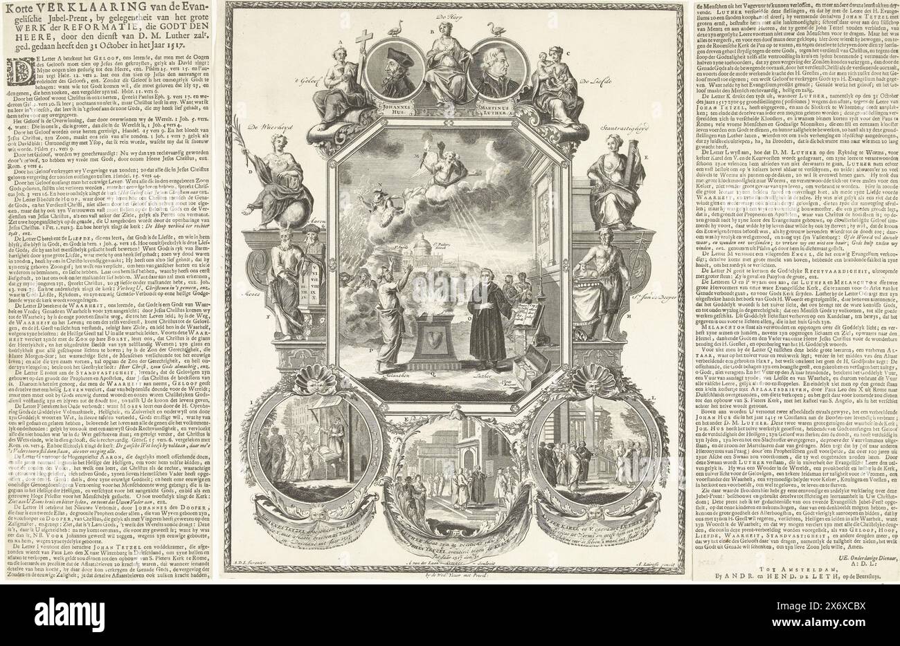 Stampa giubilare evangelica al secondo centenario della riforma, 1717, stampa giubilante evangelica alla celebrazione del secondo centenario della riforma, 31 ottobre 1717. Scena centrale con Lutero e Melantone su un altare sul quale il fuoco Divino brucia la falsa Dottrina, in una cornice decorata con ritratti di Hus e Lutero, tre scene della vita di Lutero, leader biblici e personificazioni di verità, fede, speranza, amore e fortuna. Con due foglie sciolte con la spiegazione delle prestazioni nel testo stampato., stampa, stampatore: Adolf van der Laan, (menzionato a. Foto Stock