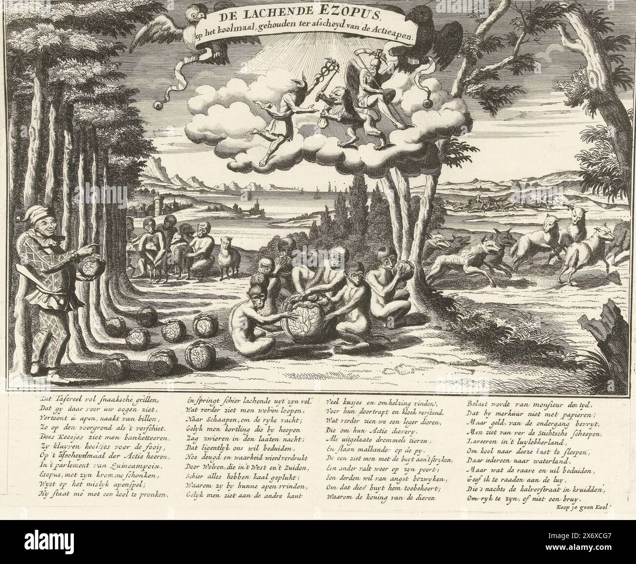 L'esopo che ride al pasto di carbone all'addio delle scimmie d'azione, 1720, l'Ezopus che ride, al pasto di carbone, tenuto per addio alle scimmie d'azione (titolo sull'oggetto), la grande scena della follia (titolo della serie), sulla sinistra c'è l'esopo che ride, Bombario in una tuta da arlecchino, con un gruppo di scimmie che mangiano cavolo (le vittime del commercio eolico). Sulla destra, i lupi cacciano le pecore. Nelle nuvole mercurio, Leo olandese e padre tempo. Nella didascalia un verso in quattro colonne. Stampa 48 nella serie Het Groote Tafereel der Foolheid con cartoni animati sul Windhandel o Actiehandel del 1720 Foto Stock