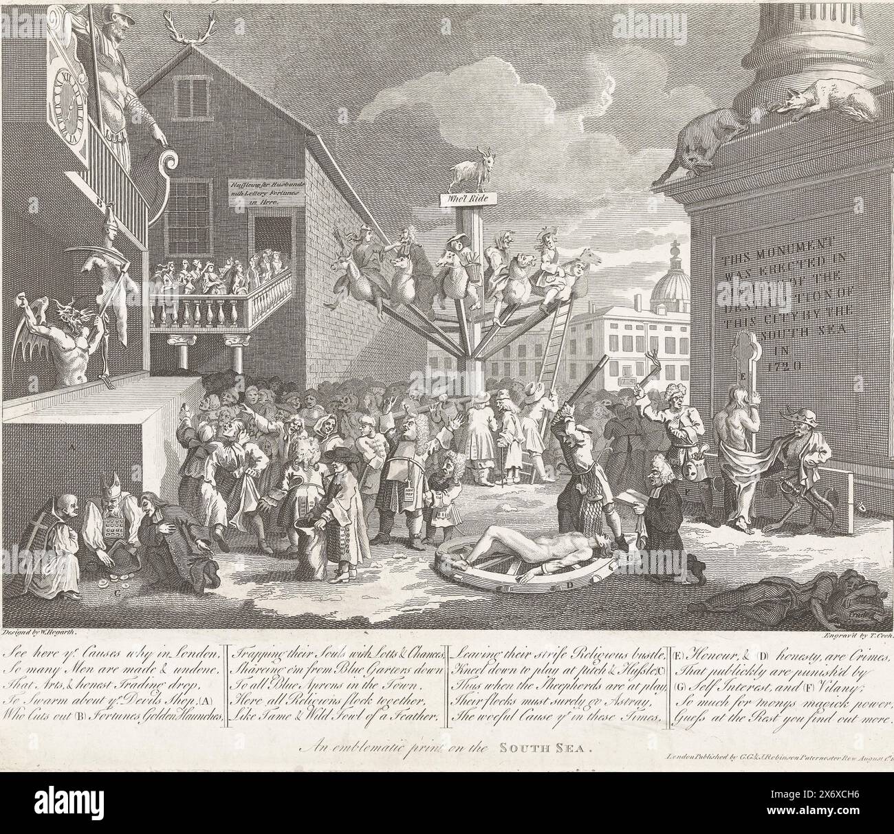 Allegoria sulla South Sea Company, 1720, una stampa emblematica sul South Sea (titolo sull'oggetto), Het Groote Tafereel der Foolheid (pezzi extra) (titolo della serie), Allegoria sulla speculazione finanziaria a Londra nella British South Sea Company, 1720. Al centro, una giostra in cui i mercanti di vento cavalcano, in primo piano l'onestà viene distrutta dall'interesse personale. Appartiene al gruppo di stampe aggiuntive aggiunte alla serie Tafereel der Foolishness con cartoni animati sul Windhandel o Actiehandel del 1720., stampa, stampatore: Thomas Cook, (menzionato sull'oggetto), dopo il design di: William Hogarth, ( Foto Stock