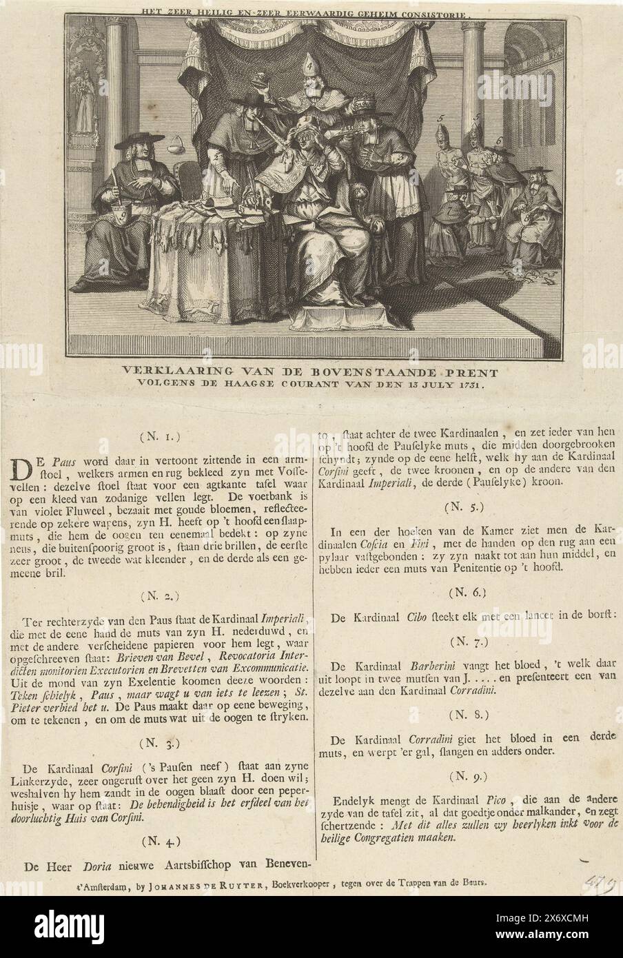 Cartoon on the Pope and Cardinals, 1731, il più santo e onorato concistoro segreto (titolo oggetto), Cartoon on on the Pope and Cardinals, in relazione alla resistenza all'occupazione di Parma da parte dell'Austria, dopo la morte del duca di Parma, giugno 1731. Il papa ipovedente (indossando tre paia di occhiali) vuole firmare un documento ma viene fatto esplodere negli occhi dai cardinali. Sul foglio sotto la targa la spiegazione dei numeri 1-9 in olandese, secondo il tribunale Haagse del 13 luglio 1731., stampa, tipografo: Anonimo, editore: Johannes de Ruyter, (citato in Foto Stock