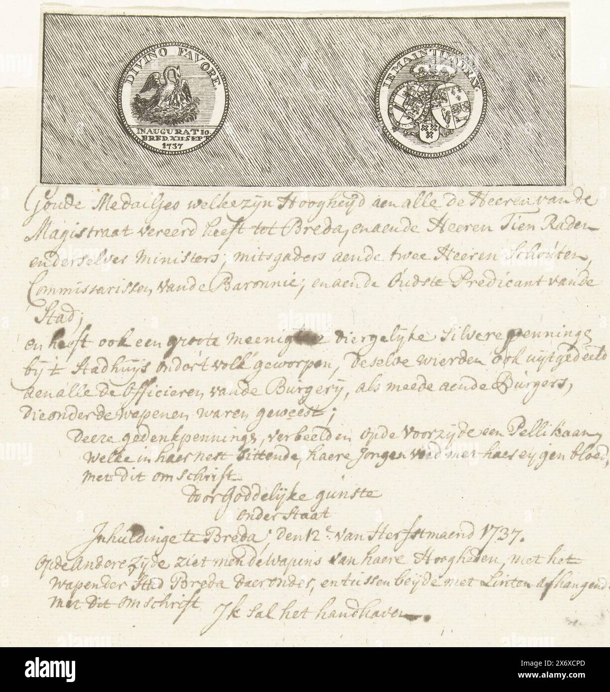Medaglia all'inaugurazione di Guglielmo IV a Breda, 1737, immagine di entrambi i lati della medaglia all'inaugurazione di Guglielmo IV come signore e barone di Breda. All'entrata di Guglielmo IV e della sua consorte Anna di Hannover a Breda il 13 settembre 1737. Allegato ad una descrizione manoscritta., stampa, stamperia: Anonimo, Paesi Bassi del Nord, 1737, carta, incisione, scrittura (processi), altezza, 157 mm x larghezza, 153 mm Foto Stock