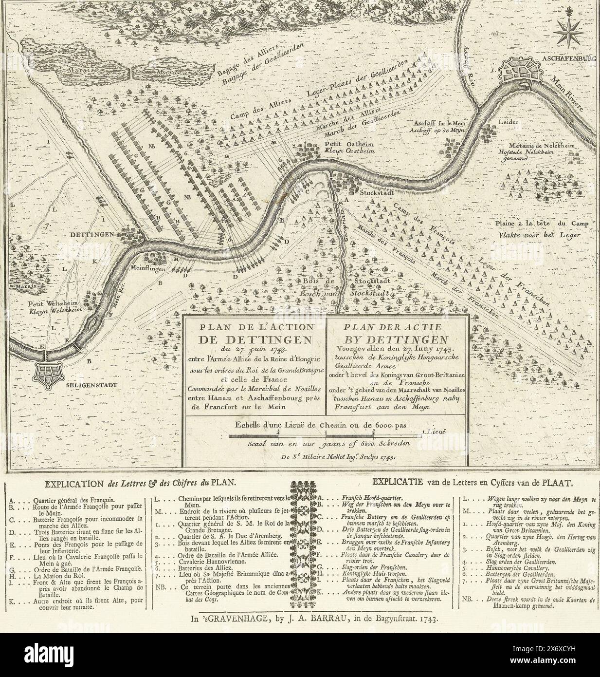 Piano della battaglia di Dettingen, 1743, Plan de l'Action de Dettingen il 27 giugno 1743 (...), il piano d'azione di Dettingen è avvenuto il 27 giugno 1743 tra le forze armate alleate reali ungheresi sotto il comando del re di Gran Bretagna e i francesi sotto il territorio del maresciallo di Noailles tra Hanau e Aschaffenburg vicino a Francfurt aan den Meyn (titolo oggetto), mappa della battaglia di Dettingen del 27 giugno 1743 tra l'esercito degli Alleati (britannici sotto re Giorgio II e tedeschi) e l'esercito francese. La battaglia si concluse con una vittoria per gli Alleati. Sul foglio sotto le leggende A. Foto Stock