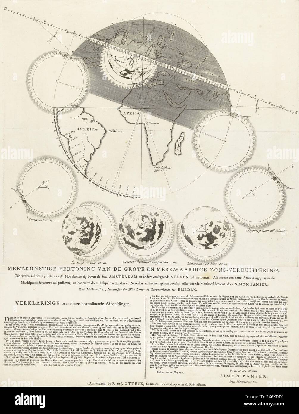 Eclissi solare del 25 luglio 1748, incontra-konstig mostra della grande e notevole eclissi solare. Questo sarà il 25. Julius 1748. Come apparirà sopra la città di Amsterdam e le altre città circostanti (...) (titolo sull'oggetto), rappresentazione astronomica di come l'eclissi solare incompleta del 25 luglio 1748 sarà osservabile ad Amsterdam e nei luoghi circostanti sono e come getterà un'ombra sull'emisfero settentrionale della Terra. Con diverse fasi dell'eclissi. Incollato sotto la piastra c'è un foglio di testo con il titolo e una spiegazione delle prestazioni in due colonne di Simon Panser Foto Stock