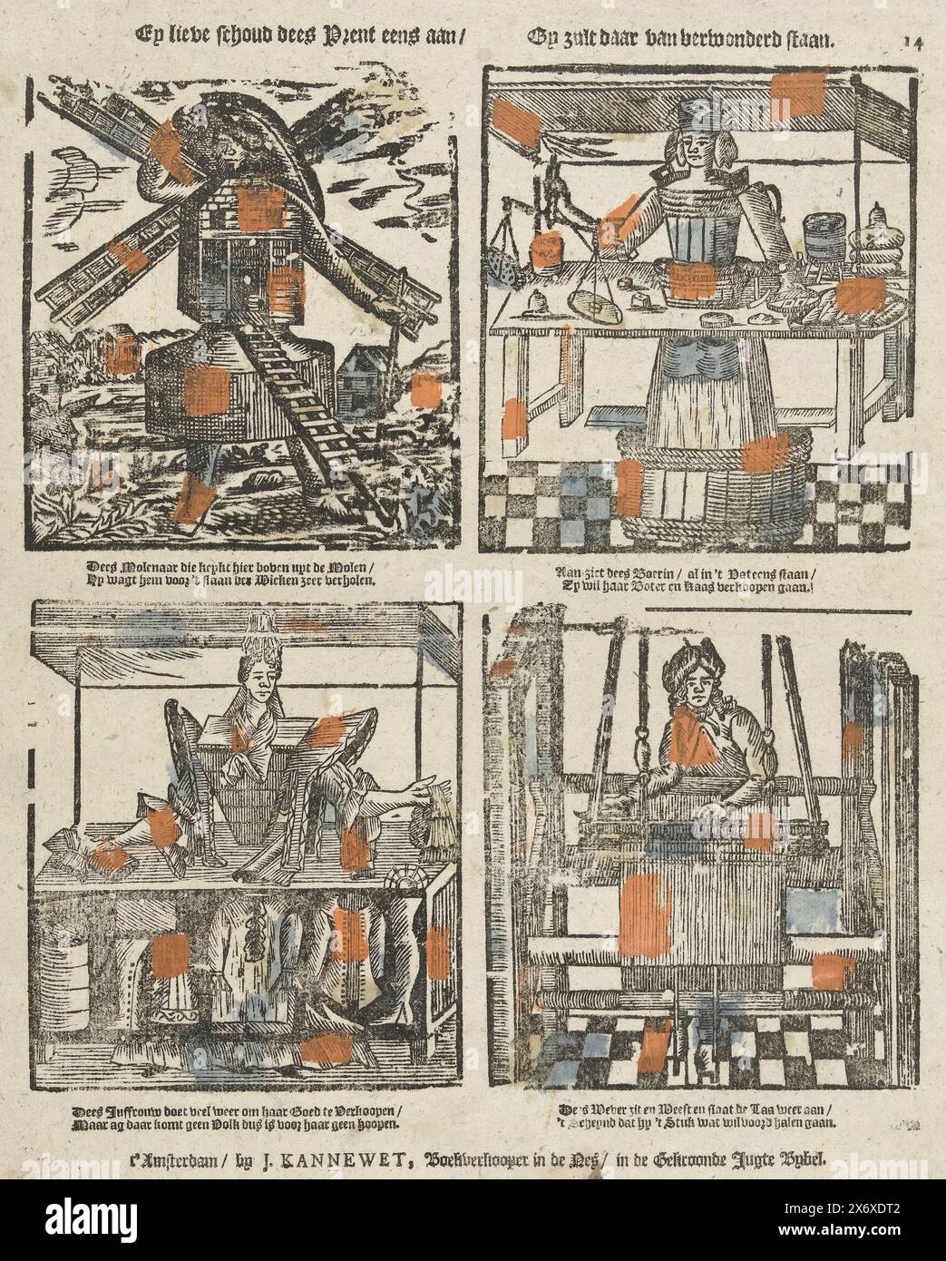 Mia cara, guarda questa foto, rimarrai stupito. (Titolo sull'oggetto), foglio con 4 rappresentazioni in cui le figure sono costituite dagli strumenti della loro arte: Un mugnaio, la moglie di un contadino che vende burro e formaggio, un venditore di abbigliamento e tessuti e un tessitore. Sotto ogni immagine un verso a due righe. Numerato in alto a destra: 14., stampa, editore: Johannes Kannewet (II), (menzionato sull'oggetto), stampatore: Anonimo, editore: Amsterdam, stampatore: Paesi Bassi, 1725 - 1780, carta, stampa intestata, altezza, 365 mm x larghezza, 310 mm Foto Stock