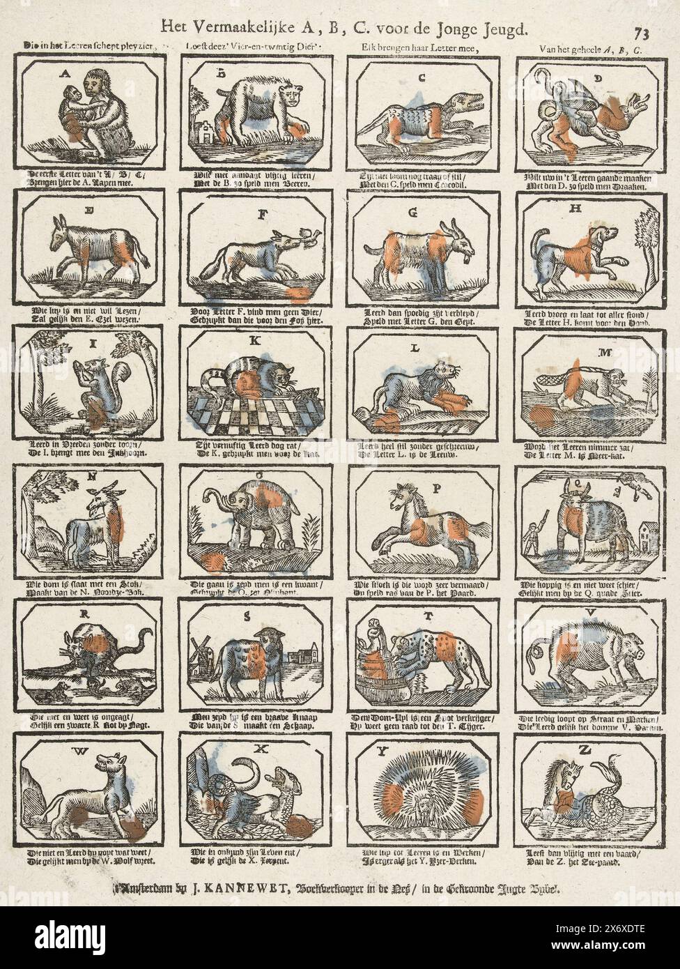 The Entertaining A, B, C. per i giovani (titolo sull'oggetto), Foglio 24 rappresentazioni delle lettere dell'alfabeto illustrate con animali le cui parole iniziano con la lettera in questione. Sotto ogni immagine un verso a due righe. Numerato in alto a destra: 73., stampa, editore: Johannes Kannewet (II), (menzionato sull'oggetto), stampatore: Anonimo, editore: Amsterdam, stampatore: Paesi Bassi, 1725 - 1780, carta, stampa intestata, altezza, 430 mm x larghezza, 320 mm Foto Stock