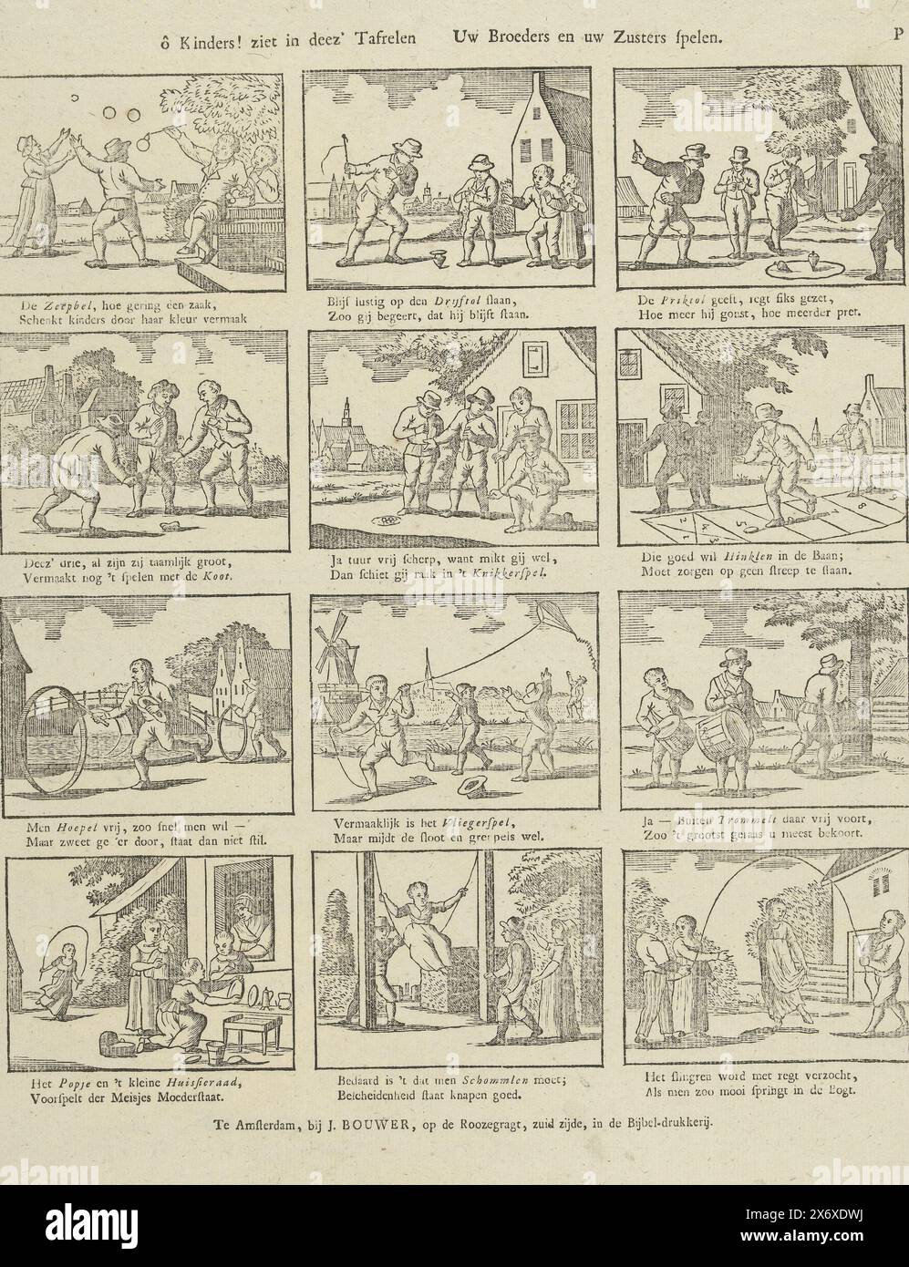 Oh bambini! Vede in queste scene, i tuoi fratelli e le tue sorelle giocano (titolo su oggetto), Foglio con 12 rappresentazioni di giochi per bambini, come bolle d'aria e corda per saltare. Sotto ogni immagine un verso a due righe. Numerato in alto a destra: P., stampa, editore: Johannes Bouwer, (menzionato sull'oggetto), tipografo: Anonimo, editore: Amsterdam, tipografo: Paesi Bassi, 1805 - 1808, carta, stampa tipografica, altezza, 415 mm x larghezza, 330 mm Foto Stock