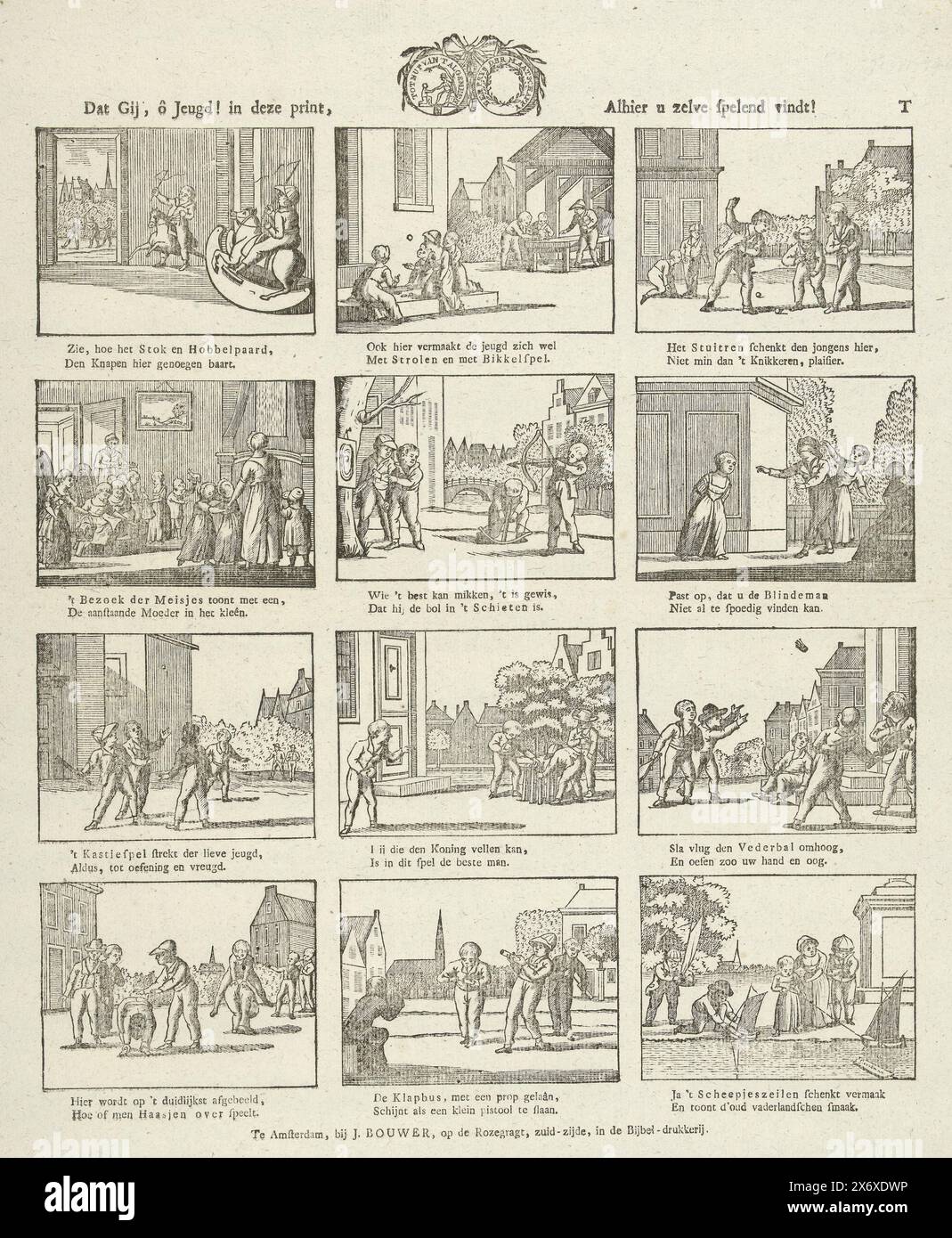 Che tu, o giovinezza! In questa stampa, qui ti ritroverai a giocare! (Titolo su oggetto), Foglio con 12 rappresentazioni di giochi per bambini. Centrare sopra il sigillo della società a beneficio del generale. Sotto ogni immagine un verso a due righe. Numerato in alto a destra: T., stampa, tipografo: Gerrit Oortman, (menzionato sull'oggetto), editore: Johannes Bouwer, (menzionato sull'oggetto), tipografo: Paesi Bassi, editore: Amsterdam, 1805 - 1808, carta, stampa tipografica, altezza, 422 mm x larghezza, 327 mm Foto Stock