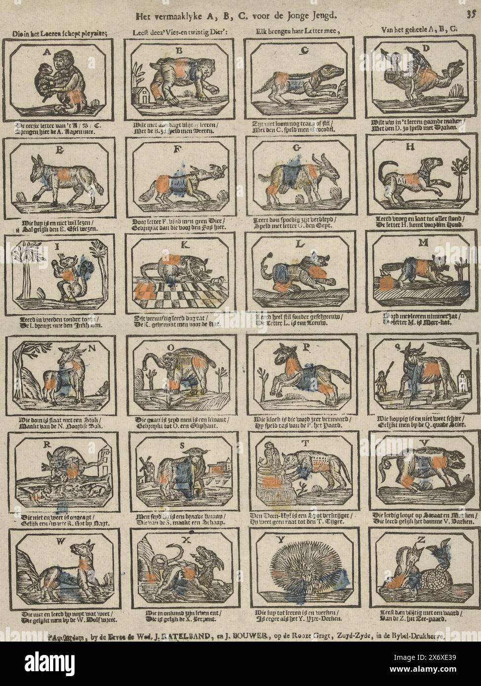 L'intrattenimento A, B, C.. Per i giovani (titolo sull'oggetto), Foglio 24 rappresentazioni delle lettere dell'alfabeto illustrate con animali i cui nomi iniziano con la lettera in questione. Un verso a due righe sotto ogni rappresentazione. Numerato in alto a destra: 35., stampa, editore: De erven de weduwe J. Ratelband en J. Bouwer, (menzionato sull'oggetto), stampatore: Anonimo, editore: Amsterdam, stampatore: Paesi Bassi, c. 1782 - c. 1793, carta, stampa intestata, altezza, 410 mm x larghezza, 330 mm Foto Stock