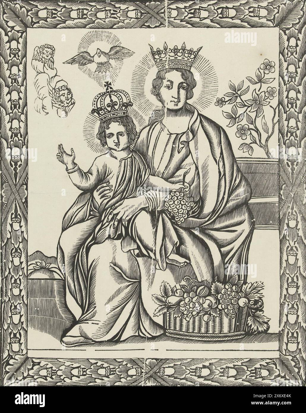 Maria con il bambino, incoronata Maria con il bambino coronato in grembo, un cestino di frutta ai suoi piedi. In un bordo con foglie di quercia e ghiande., stampa, stampante: Van der Haeghen, tipografo: Anonimo, tipografo: Gand, tipografo: Paesi Bassi meridionali, 1700 - 1725 e/o 1860 - 1865, carta, altezza, 447 mm x larghezza, 363 mm Foto Stock