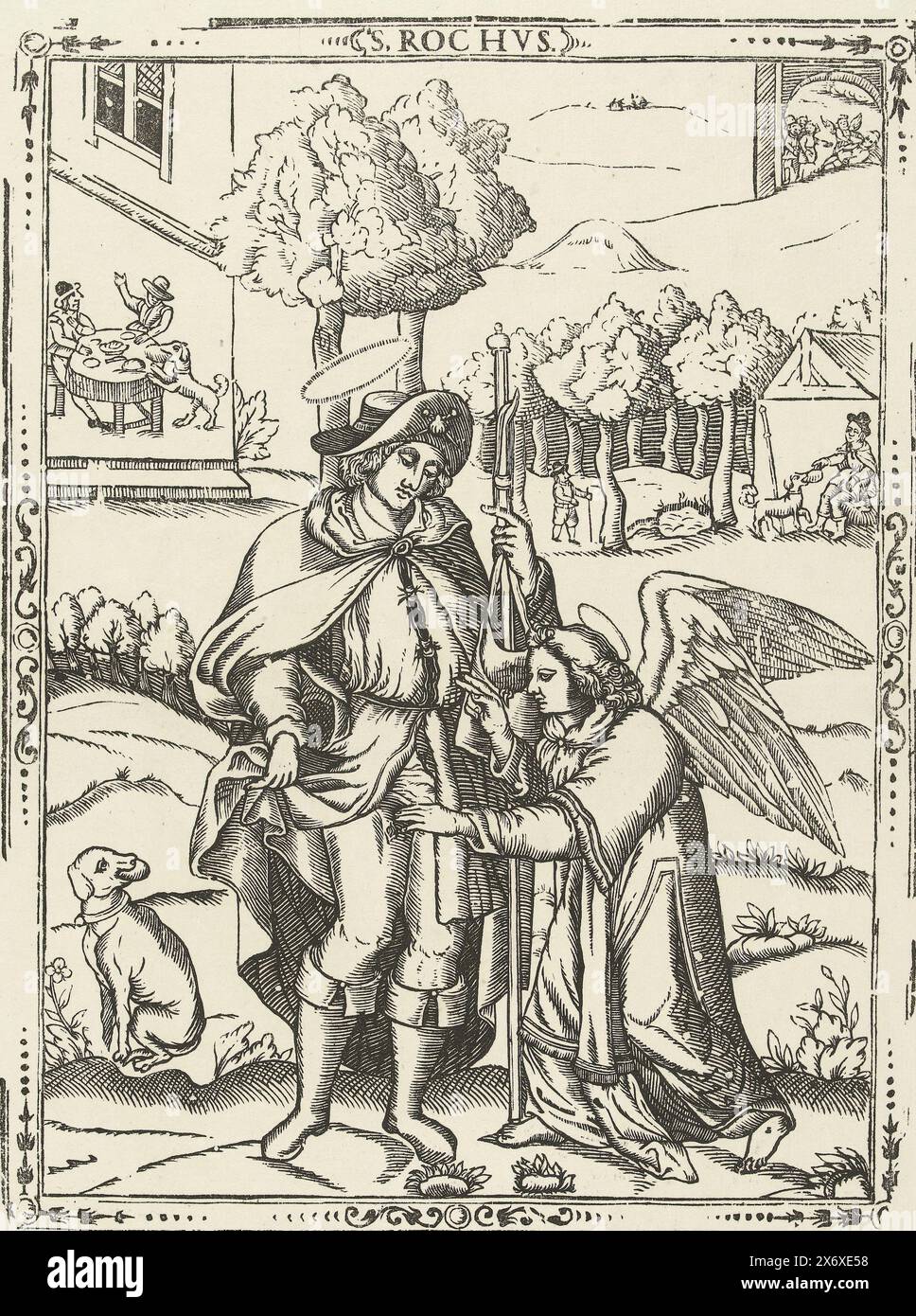 S. Rochvs (titolo su oggetto), Un angelo inginocchiato tocca la ferita di peste nella gamba di Saint Roch, negli episodi di sfondo della vita di Saint Roch., stampa, stampante: Van der Haeghen, stampatore: Anonimo, stampatore: Gand, stampatore: paesi Bassi meridionali, 1700 - 1725 e/o 1860 - 1865, carta, altezza, 447 mm x larghezza, 363 mm Foto Stock