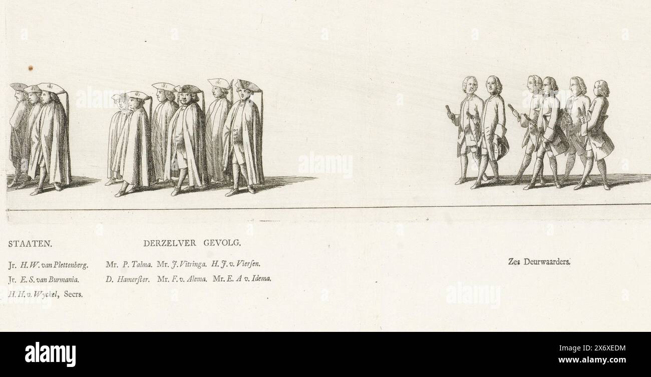 Membri dell'Esecutivo Provinciale della Frisia nella processione funebre della Principessa Maria Luisa, 1765, processione funebre della Principessa Maria Luisa, 1765 (titolo della serie), membri dell'Esecutivo Provinciale della Frisia e balivi. Contrassegnato in basso a destra: PL. XV. Sul foglio sotto la targa i nomi delle persone in processione. Parte della serie di piatti del funerale della principessa Maria Louise a Leeuwarden il 13 giugno 1765., stampa, stampatore: Rienk Jelgerhuis, editore: Abraham Ferwerda, Leeuwarden, 1765, carta, incisione, altezza, 290 mm x larghezza, 395 mm Foto Stock