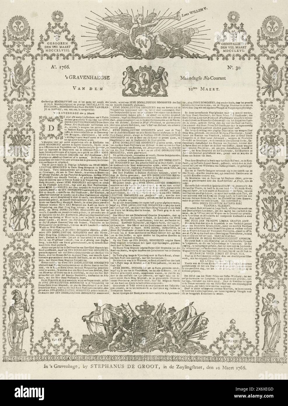 S Gravenhaegse Maendagse Na-Courant del 10 marzo 1766 sull'installazione di Willem V come stadtholder ereditario, Gravenhaegse Maendagse Na-Courant van den 10den Maert (titolo sull'oggetto), episodio del Gravenhaegse Maendagse Na-Courant del 10 marzo, 1766 in occasione dell'insediamento del principe Willem V come stadtholder ereditario negli Stati generali l'8 marzo. Foglio stampato su un lato con una descrizione degli eventi. All'interno di un confine ornamentale composto da filetti e vignette., editore: Stephanus de Groot, (menzionato sull'oggetto), l'Aia, 10 marzo 1766, carta, stampa letteraria Foto Stock