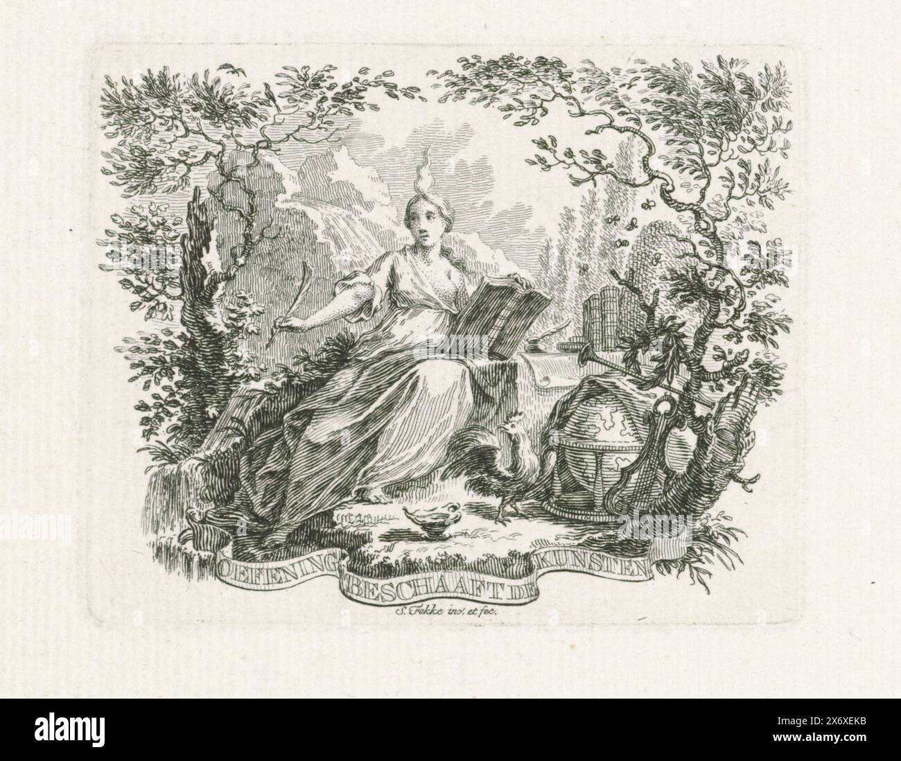 Vignetta dell'esercizio della società dell'arte Civilizes the Arts, ca. 1764-1769, vignetta dell'esercizio della società dell'arte Civilizes the Arts, utilizzato come vignetta del titolo in un'edizione di circa 1764-1769. Figura allegorica femminile con penna e libro in mano e fiamma sulla testa., stampa, tipografo: Simon Fokke, (menzionato sull'oggetto), su disegno personale di: Simon Fokke, (menzionato sull'oggetto), Paesi Bassi del Nord, 1764 - 1769, carta, incisione, altezza, 72 mm x larghezza, 90 mm Foto Stock