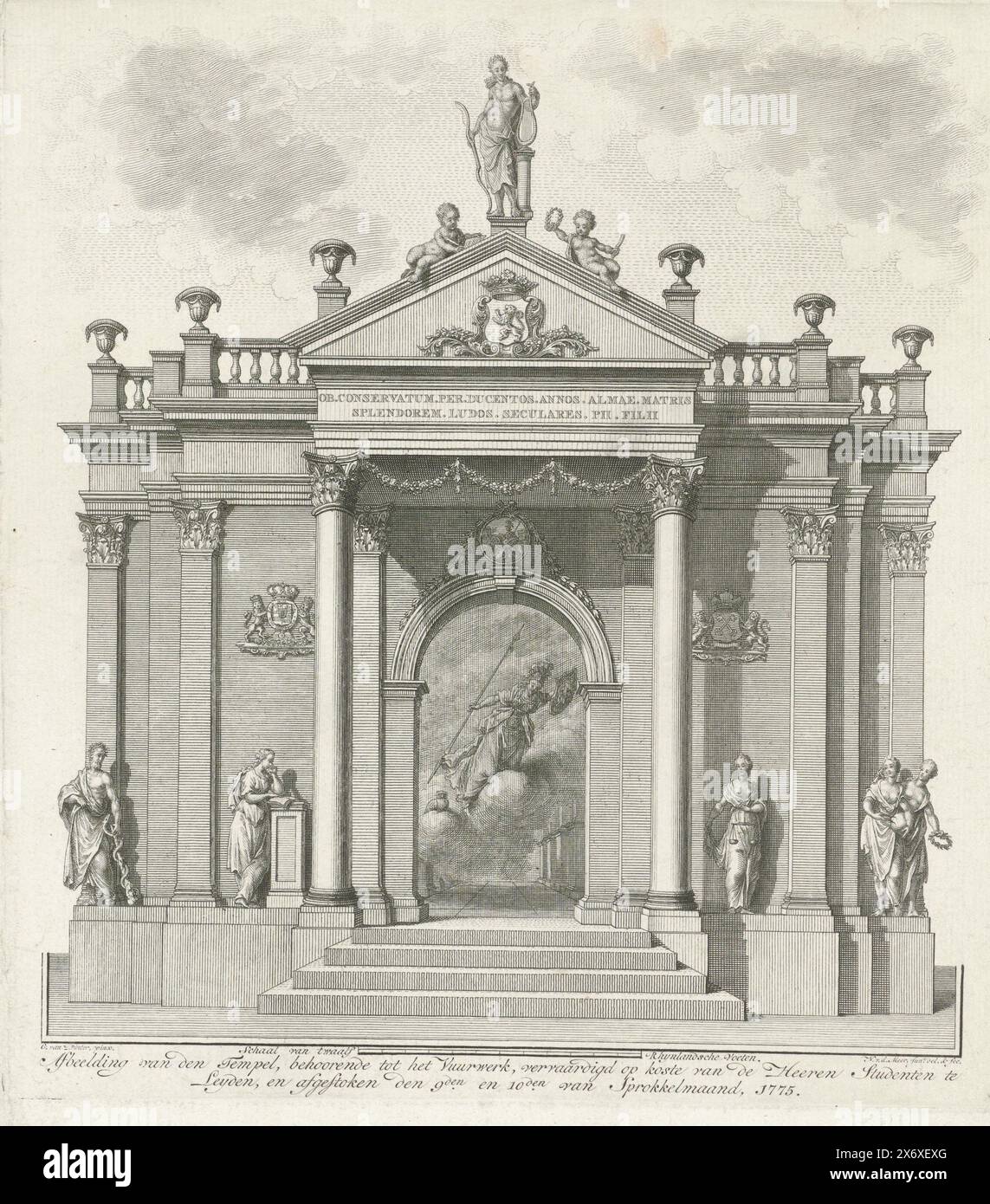 Palco per i fuochi d'artificio in occasione della celebrazione del secondo Centenario dell'Università di Leida, 1775, immagine del Tempio, appartenente ai fuochi d'artificio, realizzata a spese dell'Heeren Studenten di Leida, e partirono il 9 e 10 di Sprokkelmaand, 1775 (titolo sull'oggetto), palcoscenico per l'accensione dei fuochi d'artificio in occasione del secondo Centenario della fondazione dell'Università di Leida, 8 febbraio 1775. Palcoscenico a forma di tempio decorato con figure allegoriche., stampa, tipografo: Noach van der Meer (II), (menzionato sull'oggetto), dopo il disegno di: Noach van der Meer (II), ( Foto Stock