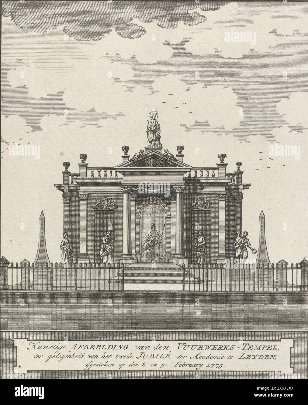 Palcoscenico per i fuochi d'artificio in occasione del secondo Centenario dell'Università di Leida delle Scienze applicate, 1775, immagine artistica del Tempio dei fuochi d'artificio, in occasione del secondo Giubilato dell'Accademia di Leida, partito l'8 e il 9 febbraio 1775 (titolo su oggetto), ponteggio per l'accensione dei fuochi d'artificio in occasione del secondo Centenario della fondazione dell'Università di Leida, 8 febbraio 1775. Palcoscenico a forma di tempio decorato con figure allegoriche, costruito nell'Oude Rijn., stampa, stampatore: Anonimo, Paesi Bassi del Nord, 1775, carta, incisione Foto Stock