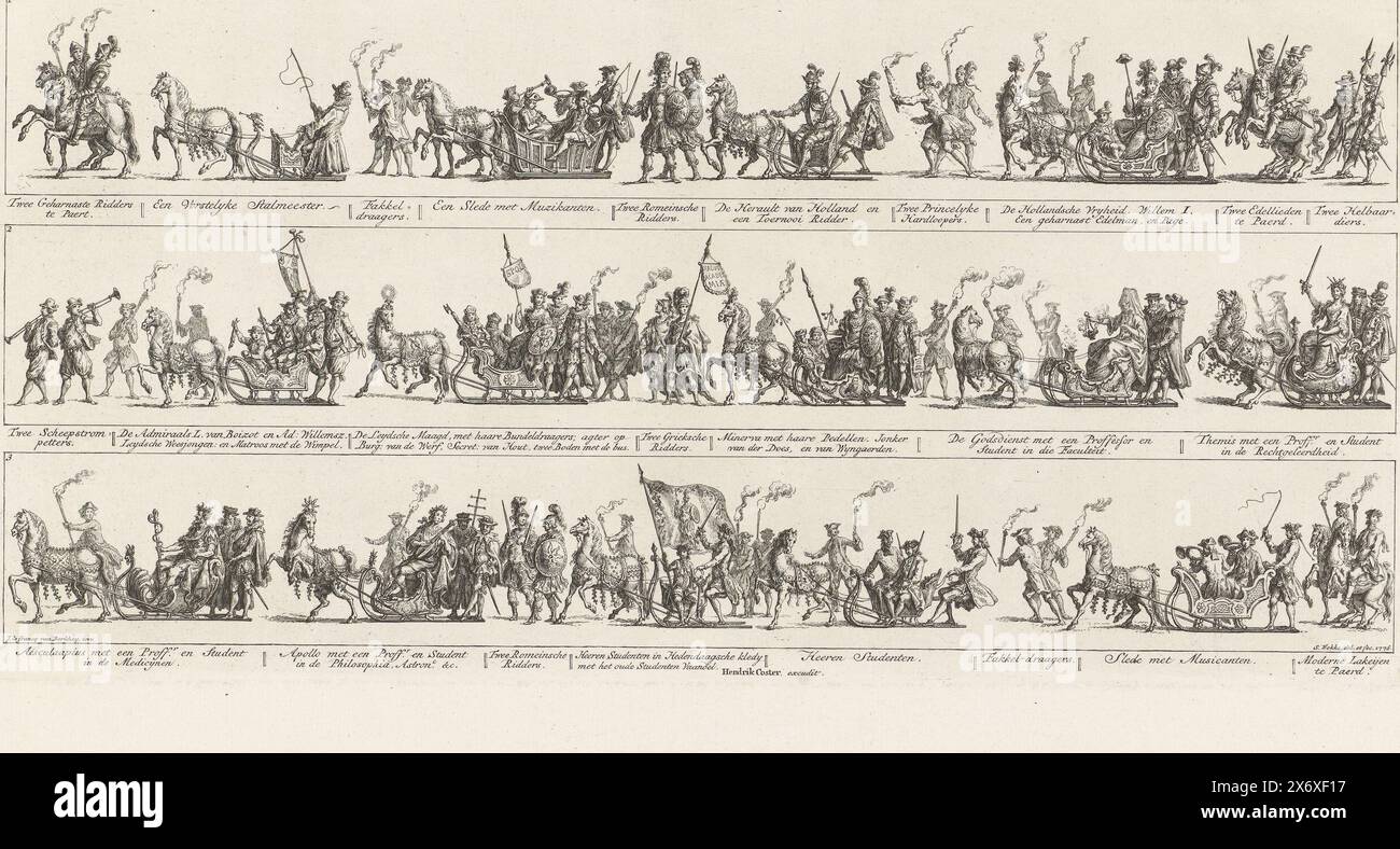 Giro in slitta della società di Leida Veniam Pro Laude, 1776, Pragtige Sleedevaart, tenutasi a Leida, dalla Kunstlovend Genootschap Veniam Pro Laude, alla conclusione della Stede and der Academie Jubelfeesten, Ao. 1775 e 1776 (titolo oggetto), il sledevaart il 24 gennaio 1776 organizzato dalla società di Leida Veniam Pro Laude in occasione del secondo Centenario del soccorso di Leida (3 ottobre 1574) e della fondazione dell'Università di Leida (8 febbraio 1575 ). Le quattordici slitte sono disposte in tre file l'una sotto l'altra, numerate 1-3, che indicano il soggetto della slitta. Sta senza il gufo Foto Stock