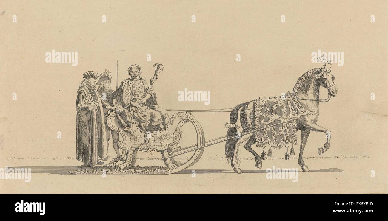 Decima slitta, corsa in slitta della società di Leida Veniam Pro Laude nel 1776 (titolo della serie), la decima slitta della parata. Una slitta con Asclepio (Aesculapio), trainata da un cavallo. Parte di una serie di dodici lastre (incisione prima del numero e su carta diversa) della corsa in slitta il 24 gennaio 1776 organizzata dalla società di Leida Veniam Pro Laude in occasione del secondo Centenario della sollievo di Leida (3 ottobre 1574) e la sua fondazione presso l'Università di Leida (8 febbraio 1575)., stampa, tipografo: Nicolaas van der Worm, dopo aver disegnato da: Abraham Delfos, Paesi Bassi settentrionali Foto Stock