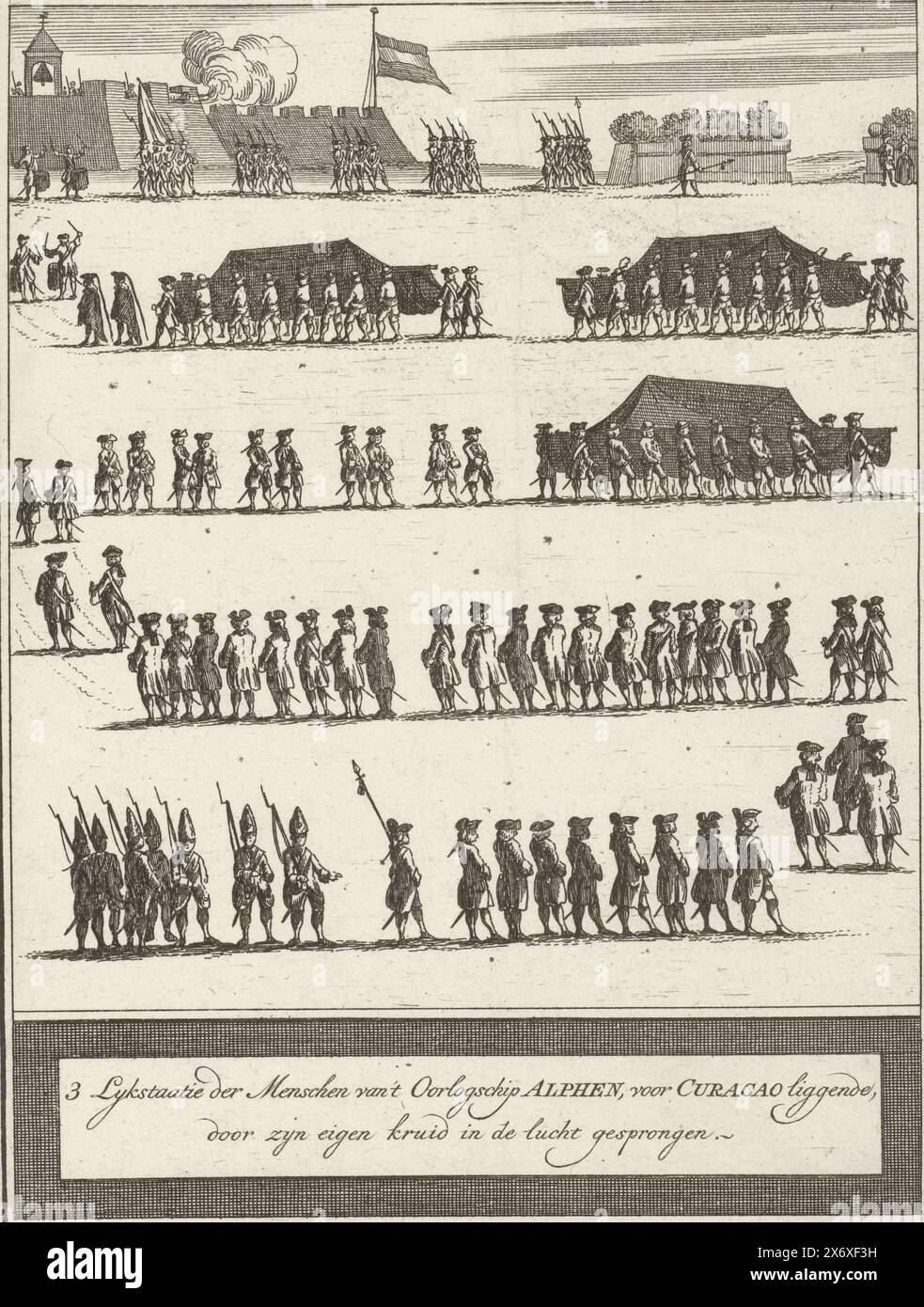 Tre processioni funebri delle vittime della nave da guerra Alphen, 1778, 3 Lykstaatie der Menschen va't Krijgschip Alphen, sdraiata al largo di Curacao, saltata in aria dalla propria erba (titolo sull'oggetto), tre processioni funebri delle vittime dell'esplosione della fregata Alphen nel porto di CuraCao, 15 settembre 1778. I resti sono trasportati in una processione a Fort Amsterdam., stampa, tipografo: Anonimo, editore: Bernardus Mourik, (menzionato sull'oggetto), paesi Bassi settentrionali, 1779, carta, incisione, incisione, altezza, 172 mm x larghezza, 132 mm Foto Stock