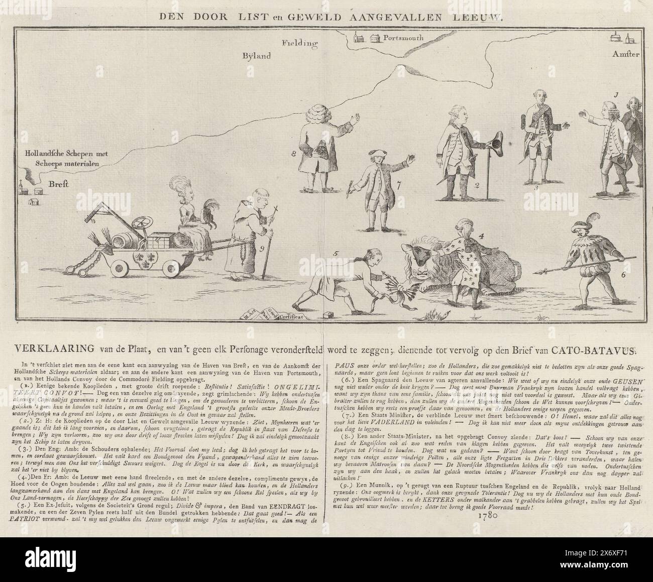 Il Leone olandese attaccato da trucco e violenza, 1780, il Leone attaccato da astuzia e violenza (titolo su oggetto), il Leone olandese attaccato da trucco e violenza. Cartone animato sugli eventi politici dell'anno 1780. Il Leone olandese attaccò, accecato da un francese, attaccato da uno spagnolo e da un ex gesuita. Le località Portsmouth, Amsterdam e Brest sono indicate su una mappa. A sinistra un monaco tira un carro verso i Paesi Bassi. Sul foglio sotto la targhetta la spiegazione dei numeri 1-9., stampa, stampatore: Anonimo, Paesi Bassi del Nord, 1780, carta, incisione, incisione, stampa intestata Foto Stock