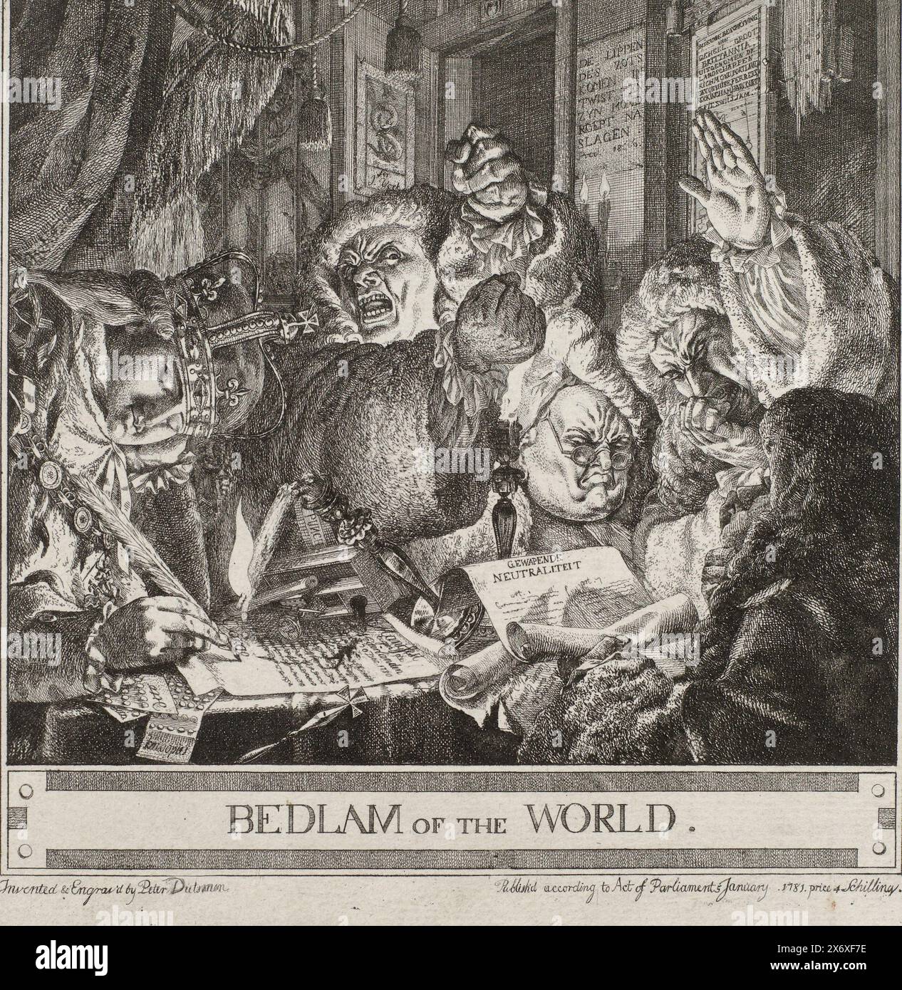 Cartoon on the English Declaration of War on the Republic, 1780, Bedlam of the World (title on object), Cartoon on on the English Declaration of War. Re Giorgio III firmò la dichiarazione di guerra alla Repubblica mentre dormiva alla luce di una candela cadente il 20 dicembre 1780. A destra un uomo con un documento sulla neutralità armata, di fronte a lui altri tre signori arrabbiati., stampa, stampatore: Anonimo, stampatore: Jan Gerard Waldorp, (attribuito a), Paesi Bassi del Nord, Jan-1781, carta, incisione, altezza, 204 mm x larghezza, 223 mm Foto Stock