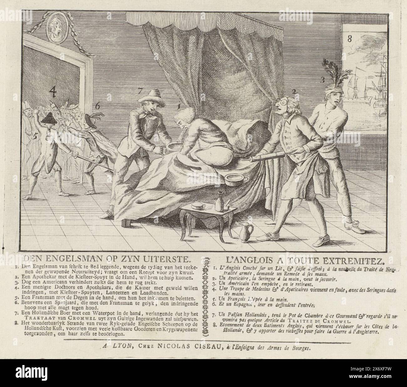 Cartoon on the English, ca. 1780, The Englishman at His Extreme, l'Anglois a toute Extremitez (titolo sull'oggetto), Cartoon on the English nel 1780. Un inglese, forse re Giorgio III, è malato a letto. Un farmacista si prepara a somministrare un enema al re con una siringa per l'enema, ma viene fermato da un americano. L'olandese sta tenendo un vaso in cui l'inglese sta vomitando. Sul foglio sotto la targa la spiegazione dei numeri 1-18 in olandese e francese., stampa, tipografo: Anonimo, editore: Anonimo, Paesi Bassi settentrionali, 1780, carta, incisione, stampa di carta intestata Foto Stock