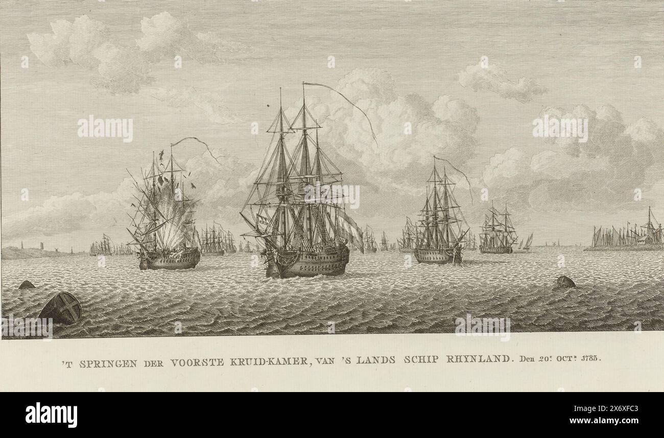 Esplosione sulla nave Rhynland, 1783, il salto della camera delle erbe in avanti della nave Rhynland del paese. Il 20. Ottobre 1783 (titolo su oggetto), Mappa con quattro tavole di eventi storici in mare negli anni 1782-1784, prima serie (titolo della serie), quattro tavole d'arte, raffiguranti Vaderlandsche Historiën ter Zee (titolo della serie su oggetto), esplosione della camera anteriore della polvere della nave di linea Rhynland sotto il comando del capitano di mare C.H. Mulder, vicino a Texel, il 20 ottobre 1783. Stampa sciolta nella cartella con quattro stampe di eventi storici in mare negli anni 1782-1784, prima serie Foto Stock