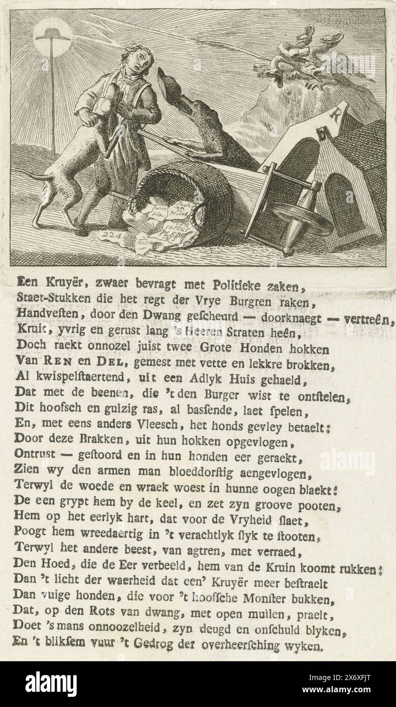 Cartoon sulla causa intentata contro il settimanale patriottico De Politieke Kruier, 1785, Cartoon sulla causa intentata il 16 aprile 1785 dai due sindaci di Amsterdam J. Rendorp e W.G. Dedel contro J.C. Hespe e J. Verlem, scrittore ed editore del settimanale patriottico De Politieke Kruier. Un portiere viene attaccato da due cani. Sullo sfondo, un mostro a sette teste viene colpito da un fulmine dal brillante cappello della libertà. Sulla pagina sotto la targa un verso di 24 righe., stampa, stampatore: Anonimo, stampatore: Joannes Hulstkamp, (possibilmente), Paesi Bassi del Nord, 1785, carta, incisione, incisione Foto Stock
