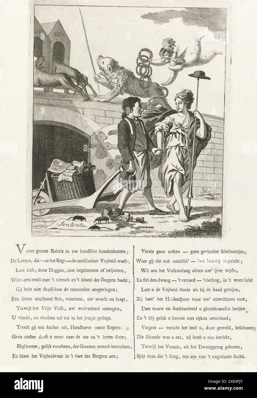 Fumetto sull'assoluzione nella causa intentata contro il settimanale patriottico De Politieke Kruier, 1785, Cartoon sulla causa intentata il 16 aprile 1785 dai due sindaci di Amsterdam J. Rendorp e W.G. Dedel contro J.C. Hespe e J. Verlem, scrittore ed editore del settimanale patriottico De Politieke Kruier, e l'assoluzione di Hespe fu pronunciata il 19 maggio. Il portiere viene condotto fuori di prigione da Freedom, il leone olandese insegue i due cani nelle loro gabbie. Sul foglio sotto la piastra un verso in due colonne., stampa, stampatore: Anonimo, Paesi Bassi del Nord, 1785, carta, incisione, incisione Foto Stock