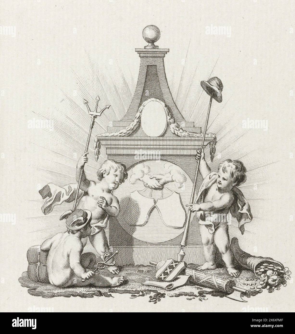 Frontespizio per: I Paesi Bassi in alleanza con la Francia. 10 novembre 1785, pagina del titolo per: I Paesi Bassi in alleanza con la Francia. 10 novembre 1785. Vignetta allegorica con geni in un monumento per l'alleanza tra i due paesi., stampa, stampatore: Reinier Vinkeles (i), su disegno di: Jacobus Buys, Paesi Bassi del Nord, 1786, carta, incisione, incisione, altezza, 120 mm x larghezza, 108 mm Foto Stock