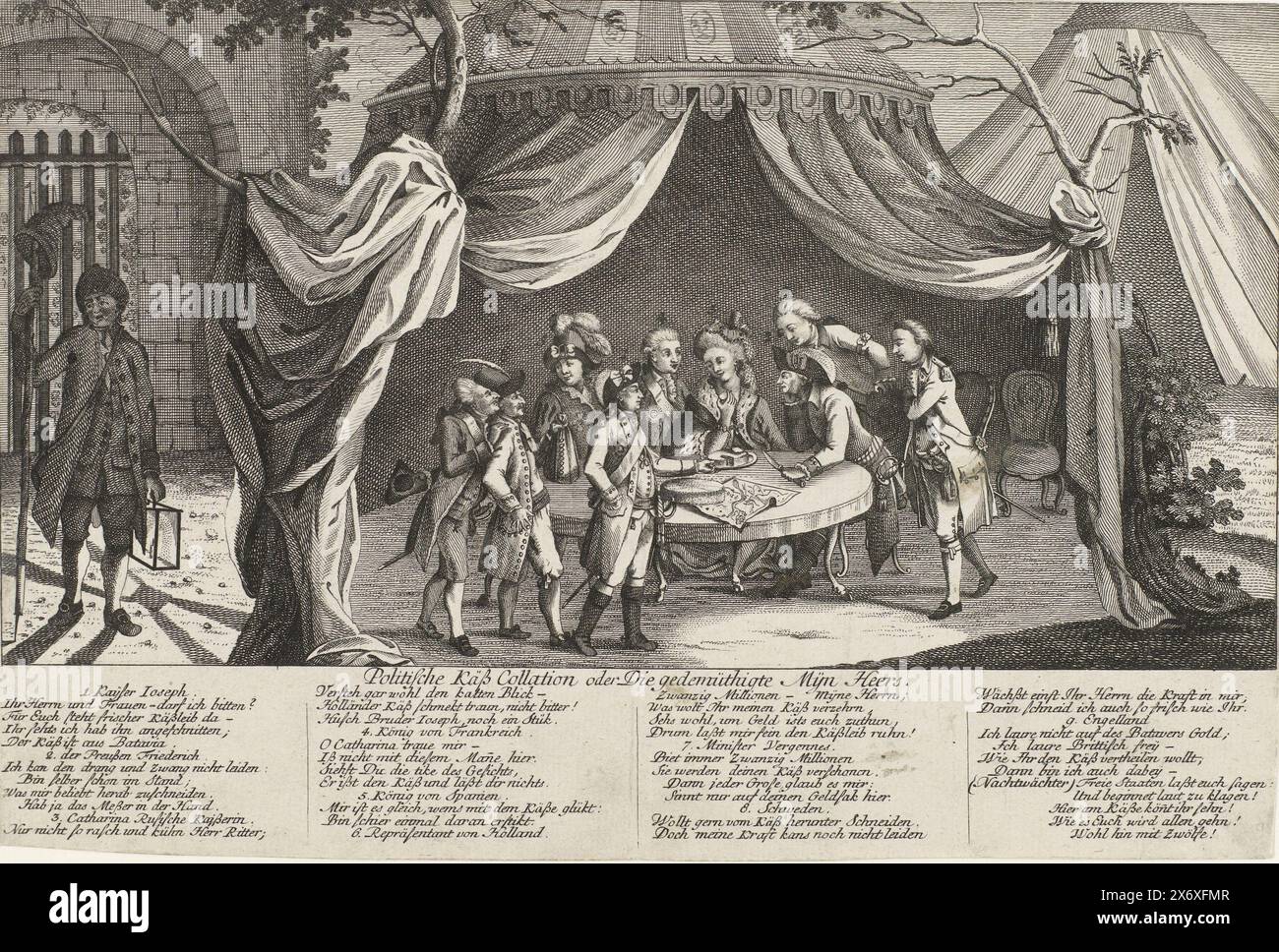 Cartoon on the Treaty of Fontainebleau, 1785, politische Käß Collation oder die demüthigte Mijn Heers (titolo oggetto), Cartoon on on the Peace concluse a Parigi che pose fine alla guerra di Caldron, le dispute tra i Paesi Bassi e l'imperatore austriaco Giuseppe II, 8 novembre 1785. I Paesi Bassi pagarono 8,5 milioni di fiorini e accettarono altre condizioni umilianti. In una tenda, l'imperatore Giuseppe distribuisce un formaggio olandese tra Federico di Prussia, Caterina la grande, Luigi XVI e i rappresentanti di Svezia, Spagna e Inghilterra. L'olandese si lamenta del suo destino. A sinistra un guardiano notturno con una Foto Stock
