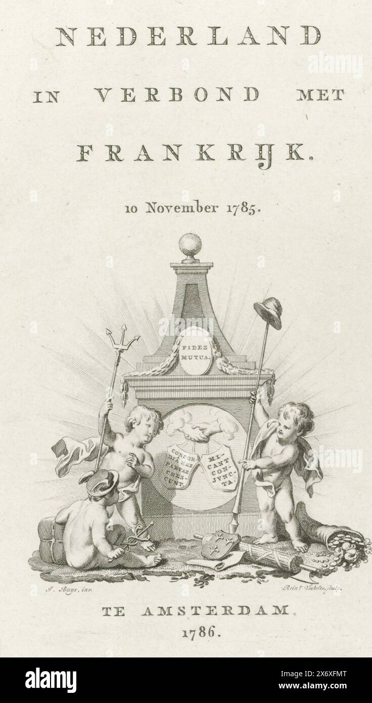 Frontespizio per: I Paesi Bassi in alleanza con la Francia. 10 novembre 1785, pagina del titolo per: I Paesi Bassi in alleanza con la Francia. 10 novembre 1785. Vignetta allegorica con geni in un monumento per l'alleanza tra i due paesi., stampa, stampatore: Reinier Vinkeles (i), (menzionato sull'oggetto), su disegno di: Jacobus Buys, (menzionato sull'oggetto), Paesi Bassi del Nord, 1786, carta, incisione, incisione, altezza, 191 mm x larghezza, 112 mm Foto Stock