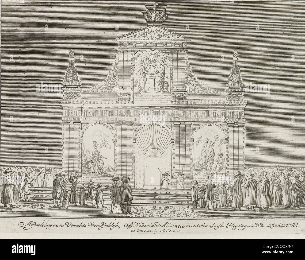 Porta trionfale illuminata alla celebrazione dell'alleanza con la Francia a Utrecht, 1786, immagine dell'espressione di gioia di Utrecht, solennemente celebrata sull'alleanza olandese con la Francia il 23 febbraio. 1786 (titolo sull'oggetto), cancello trionfale illuminato con rappresentazioni allegoriche, alla celebrazione dell'alleanza con la Francia, commissionata dalla società civile Concordia o De Eendracht a Utrecht, ai Mariaplaats di Utrecht il 23 febbraio 1786., stampa, stampatore: Anonimo, editore: Arend Stubbe, (menzionato sull'oggetto), stampatore: Paesi Bassi del Nord, editore: Utrecht, 1786 Foto Stock