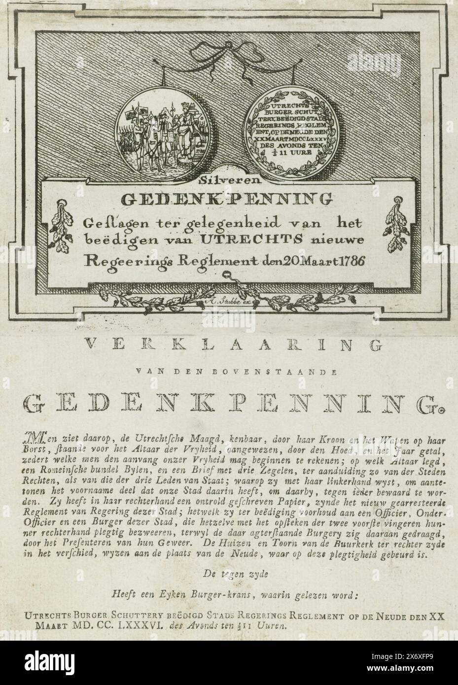 Medaglia d'argento in occasione del giuramento della milizia di Utrecht, 1786, celebrata in occasione del giuramento del nuovo regolamento governativo di Utrecht il 20 marzo 1786 (titolo oggetto), Cartouche con un'immagine della medaglia, colpito in occasione del giuramento da parte dei membri della milizia di Utrecht sui nuovi regolamenti governativi, sul Neude di Utrecht, il 20 marzo 1786. Immagine di entrambi i lati della medaglia, sul foglio sotto la targa una spiegazione della rappresentazione sulla medaglia ., stampa, stampatore: Anonimo, editore: Arend Stubbe Foto Stock