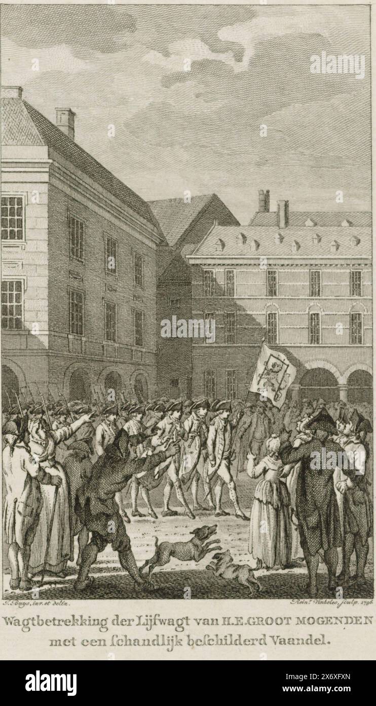 Innalzamento della guardia sul Binnenhof con uno striscione vergognoso, 1787, Guardia della guardia del corpo di H. E. grandi poteri con uno striscione vergognosamente dipinto (titolo su oggetto), al Binnenhof a l'Aia la guardia si alza con uno striscione vergognoso sul quale è stata posta una forca intorno al Leone olandese, 18 febbraio 1787., stampatore: Reinier Vinkeles (i), (menzionato sull'oggetto), dopo aver disegnato da: Jacobus Buys, (menzionato sull'oggetto), stampatore: Amsterdam, dopo aver disegnato da: paesi Bassi settentrionali, 1796, carta, incisione, incisione, altezza, 218 mm x larghezza, 142 mm Foto Stock