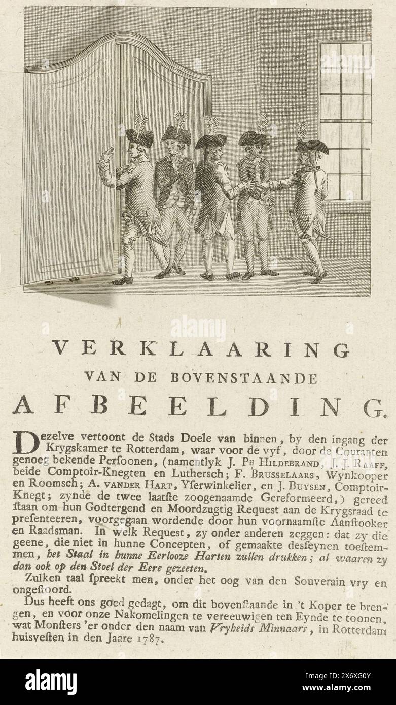 Cartoon on shooters of the Rotterdam Company De Unie, 1786, Cartoon Orangist on some Rotterdam shooters, membri della compagnia De Unie, che presentarono un feroce discorso alla camera di guerra a metà dicembre 1786 per costringere il consiglio ad eleggere un maggior numero di membri. Cinque tiratori in una stanza di fronte a un armadietto con una porta che può aprirsi, rivelando il diavolo in piedi dietro di esso. Una spiegazione delle prestazioni è riportata sul foglio sotto la piastra. Contiene anche i nomi di cinque uomini: J.pH. Hildebrand, J.J. Raaff, F. Brusselaars, A. vander Hart and J. Buysen., stampa, stampatore: Anonimo Foto Stock