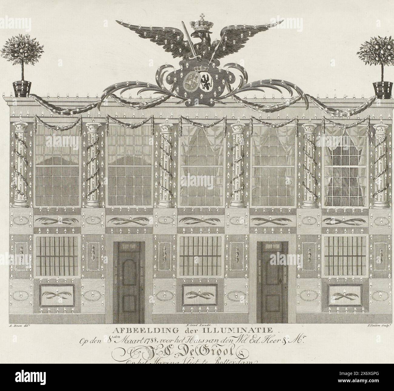 Illuminazione della casa di J.C. de Groot a Rotterdam, 1788, immagine degli illuminati l'8 marzo 1788, di fronte all'Huis van den WEL ed. Lord & Mr. J.C. de Groot sull'Haring Vliet di Rotterdam (titolo sull'oggetto), illuminazione della facciata della casa di J.C.. De Groot all'Haringvliet di Rotterdam, in occasione del quarantesimo compleanno del principe Willem V l'8 marzo 1788., stampa, tipografo: Franciscus Sansom, (menzionato sull'oggetto), su disegno di Adriaan Boon (1763-1802), (menzionato sull'oggetto), editore: Nicolaas Cornel, (menzionato sull'oggetto), Rotterdam, 1788, carta Foto Stock
