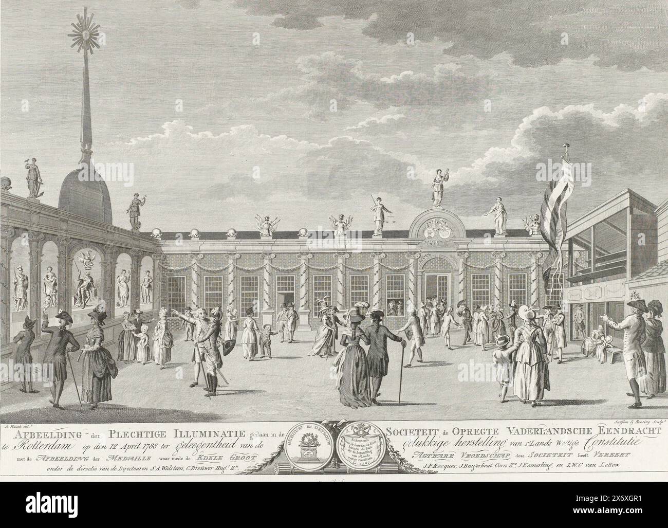 Illumination at the Oprechte Vaderlandsche Sociëteit in Rotterdam, 1788, Image of the Solemn Illumination done in the Societeit de Opregte Vaderlandsche Eendracht in Rotterdam il 12 aprile 1788 (...) (title on object), Illumination at the Oprechte Vaderlandsche Sociëteit in Rotterdam il 12 aprile 1788, per celebrare il ripristino della costituzione legale. Vista sul cortile della società di Nadorstlaan. Stampato in fondo a entrambi i lati di una medaglia per i pacificatori orangisti che mantennero la pace per le strade di Rotterdam nel settembre 1787 dopo l'arrivo dei prussiani Foto Stock