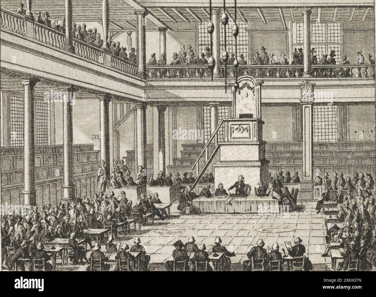 Prima assemblea generale della società a beneficio di 't Algemeen, 1790, prima assemblea generale della società a beneficio di 't Algemeen. Si è tenuto il 10 agosto all'Oude Lutherse Kerk di Amsterdam. Interno della Chiesa in cui i membri sono riuniti per l'incontro., stampa, tipografo: Cornelis Brouwer, Paesi Bassi settentrionali, 1790, carta, incisione, incisione, altezza, 100 mm x larghezza, 118 mm Foto Stock