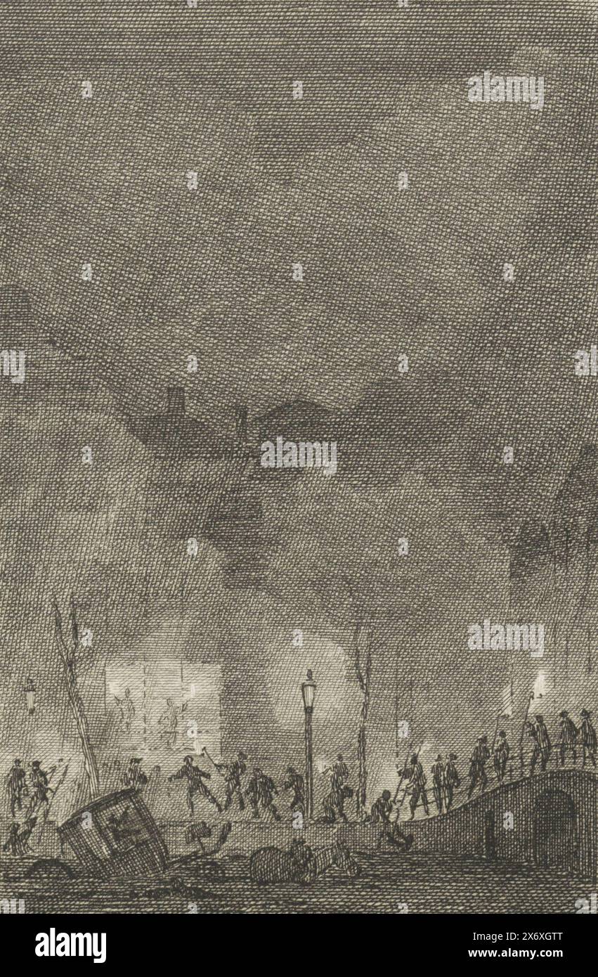 Heavy fog ad Amsterdam, 1790, Heavy fog ad Amsterdam il 31 dicembre 1790. Le persone attraversano la strada con le torce, una carrozza è caduta nel canale., stampa, stampatore: Reinier Vinkeles (i), stampatore: Cornelis Bogerts, dopo aver disegnato: Jacobus Buys, Paesi Bassi del Nord, 1791 - 1795, carta, incisione, incisione, altezza, 120 mm x larghezza, 83 mm Foto Stock