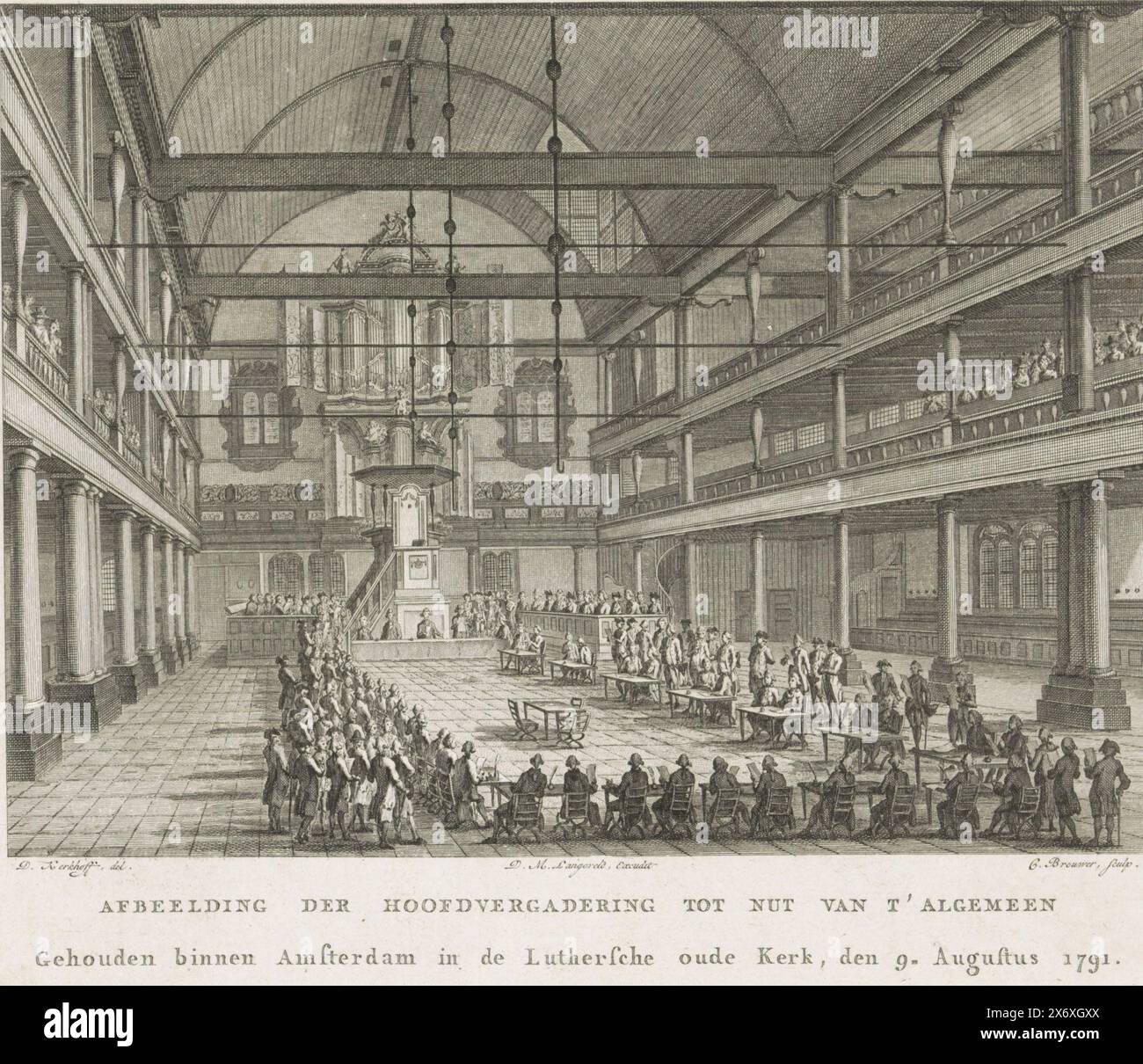 Riunione principale della società a beneficio del 't General, 1791, immagine della riunione principale a beneficio del generale tenutasi ad Amsterdam nella vecchia Chiesa luterana, 9 agosto 1791 (titolo oggetto), riunione principale della società a beneficio di 't Algemeen, nell'Oude Lutherse Kerk di Amsterdam, il 9 agosto 1791., stampatore: Cornelis Brouwer, (menzionato sull'oggetto), dopo il disegno di: Daniël Kerkhoff, (menzionato sull'oggetto), editore: Dirk Meland Langeveld, (menzionato sull'oggetto), Paesi Bassi del Nord, 1791, carta, incisione, incisione, altezza, 205 mm x larghezza, 242 mm Foto Stock