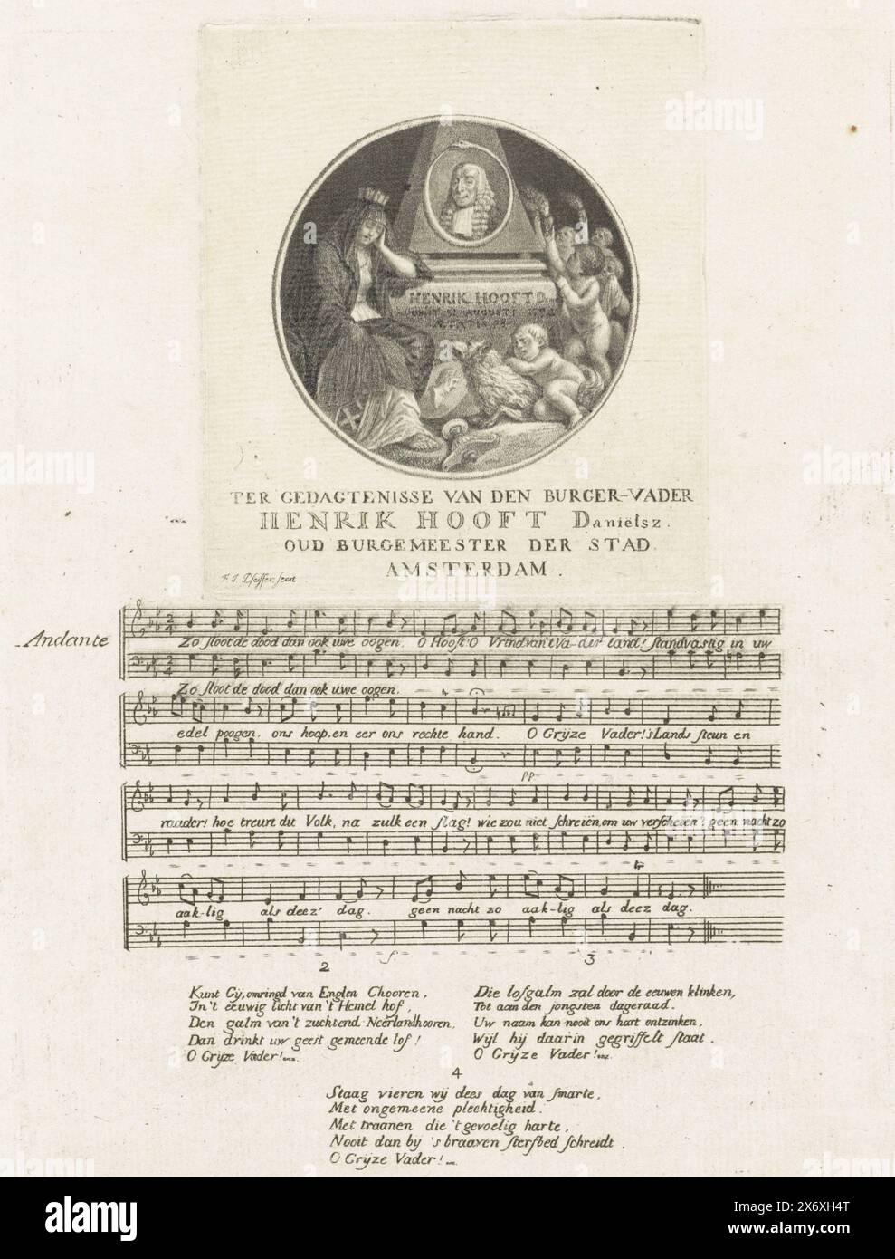 Monumento e canzone per Hendrik Danielsz. Hooft, 1794 anni, in memoria del padre cittadino Henrik Hooft Danielsz. Ex sindaco della città di Amsterdam (titolo sull'oggetto), Medallion con monumento allegorico per Hendrik Danielsz. Hooft, ex sindaco di Amsterdam, morì il 31 agosto 1794. Al monumento una fanciulla in lutto di Amsterdam, un Keeshond e un putti. Sul foglio sottostante la rappresentazione si stende con la musica di un'elegia sulla morte di Hooft, quattro versi., stampa, stampatore: Francesco Joseph Pfeiffer (i), (menzionato sull'oggetto), Paesi Bassi del Nord, 1794, carta, incisione, altezza, 102 mm Foto Stock