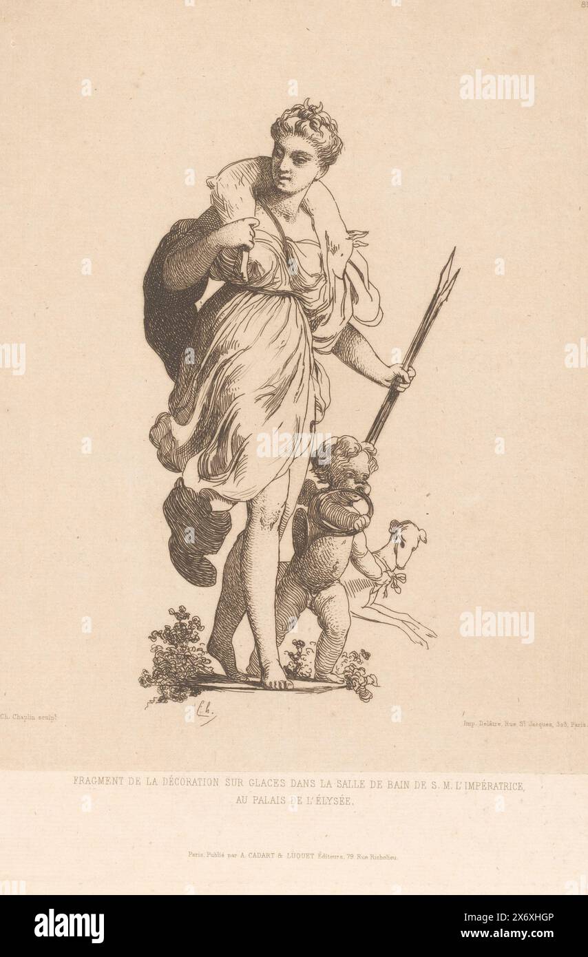 Diana dopo la caccia, Fragment de la décoration sur Glaces dans la Salle de Bain de S.M. l'impératrice au Palais de l'Elysée (titolo sull'oggetto), Eaux-Fortes Modernes: Originales et Inédites (titolo della serie), numerato in alto a destra: 89., stampa, stampatore: Charles Chaplin, (menzionato sull'oggetto), stampante: Auguste Delâtre, (menzionato sull'oggetto), editore: Cadart & Luquet, (menzionato sull'oggetto), stampatore: Francia, stampatore: Parigi, editore: Parigi, 1864, carta, incisione, altezza, 290 mm x larghezza, 219 mm Foto Stock