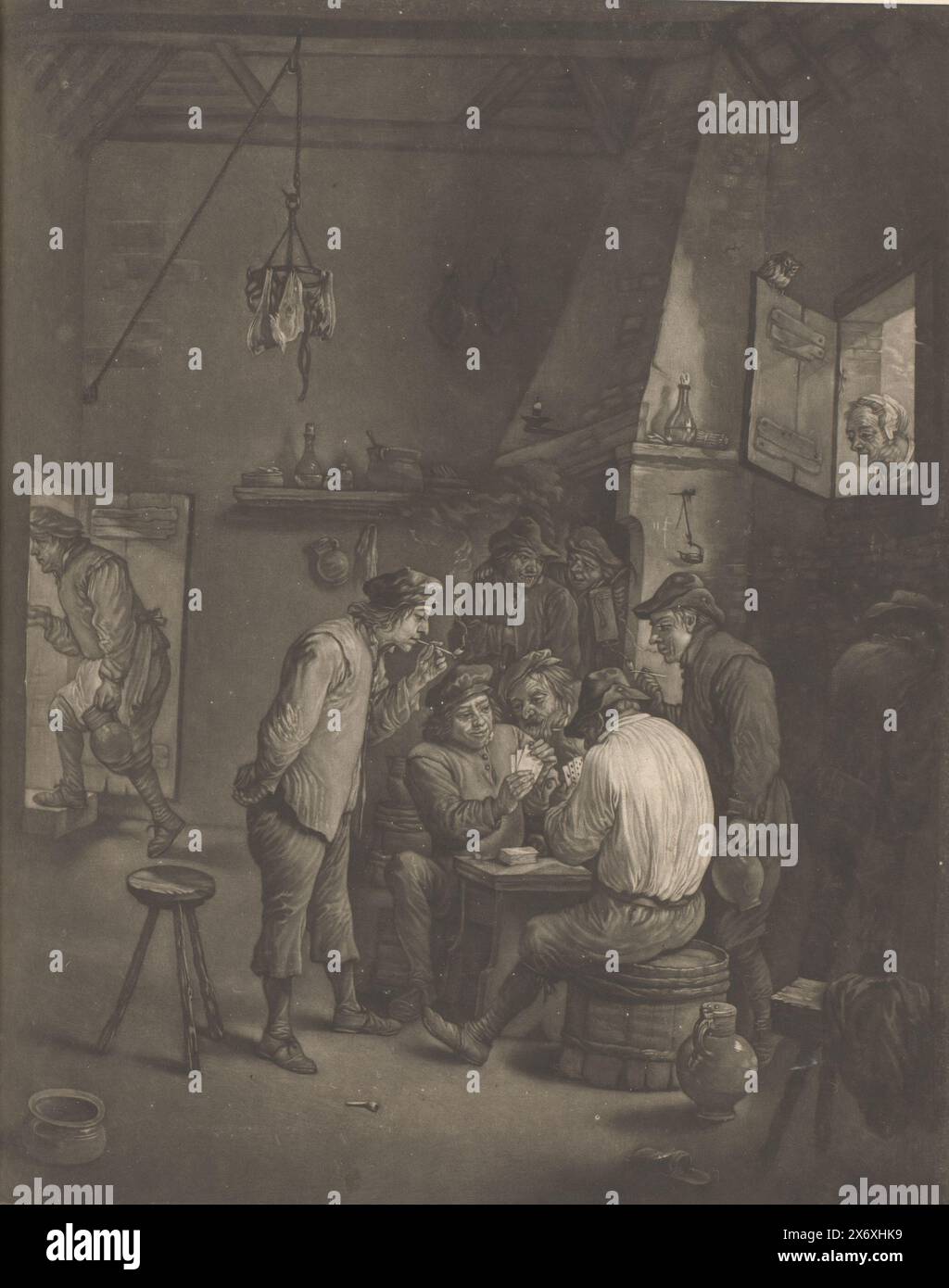 Interno di una locanda, interno di una locanda con uomini seduti su mezze barili a un tavolo. Giocano a carte. Due fumatori di pipa guardano. A destra, una donna guarda dentro da una finestra. La stampa fa parte di un album., stampa, stampatore: William Baillie, dopo la pittura di: David Teniers (II), 1753 - 1810, carta, altezza, 416 mm x larghezza, 334 mm Foto Stock