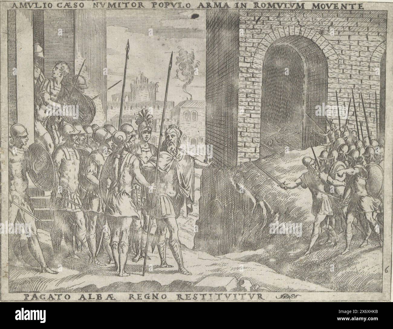 Numitor diventa nuovamente sovrano di Alba, Amulio caeso Numitor (...) regno restituitur (titolo sull'oggetto), vita di Romolo e Remo (titolo della serie), Numitor viene reintegrato come sovrano di Alba dopo la morte del fratello Amulio. Numitor è circondato da soldati. Un edificio in pietra sulla destra. La stampa fa parte di un album., stampa, stampatore: Giovanni Battista Fontana, su disegno di: Giovanni Battista Fontana, Italia, 1572 - 1573, carta, incisione, altezza, 140 mm x larghezza, 180 mm Foto Stock