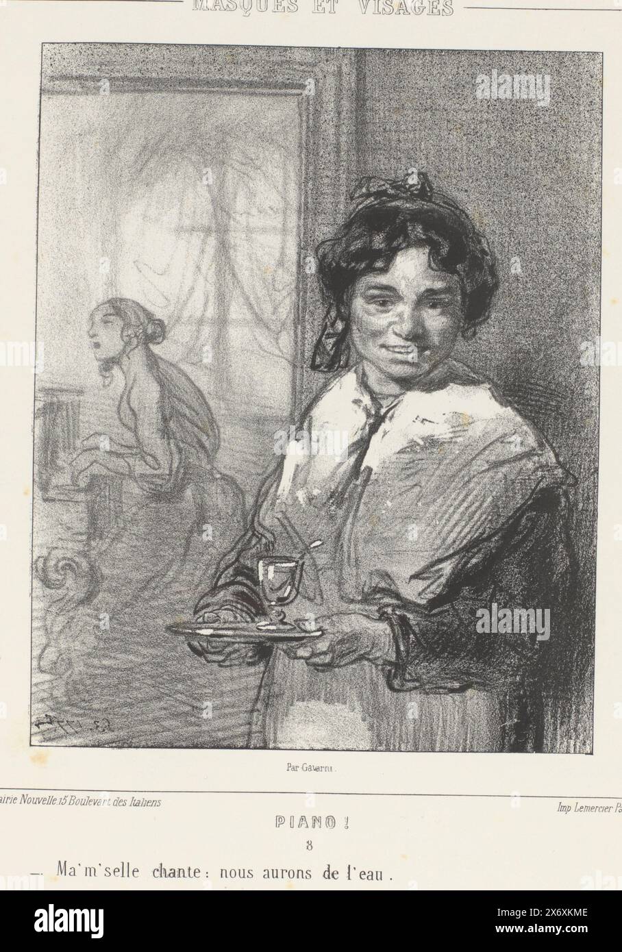 Cameriera con signora cantante dietro il pianoforte, Ma'm'selle chante: nous aurons de l'eau (titolo sull'oggetto), pianoforte (titolo della serie), Masques et Visages. Piano! (Titolo della serie su oggetto), questa stampa fa parte di un album., stampa, stampatore: Paul Gavarni, (menzionato sull'oggetto), stampante: Joseph Rose Lemercier, (menzionato sull'oggetto), editore: Librairie Nouvelle, Parigi, 1853, carta, altezza, 378 mm x larghezza, 275 mm Foto Stock