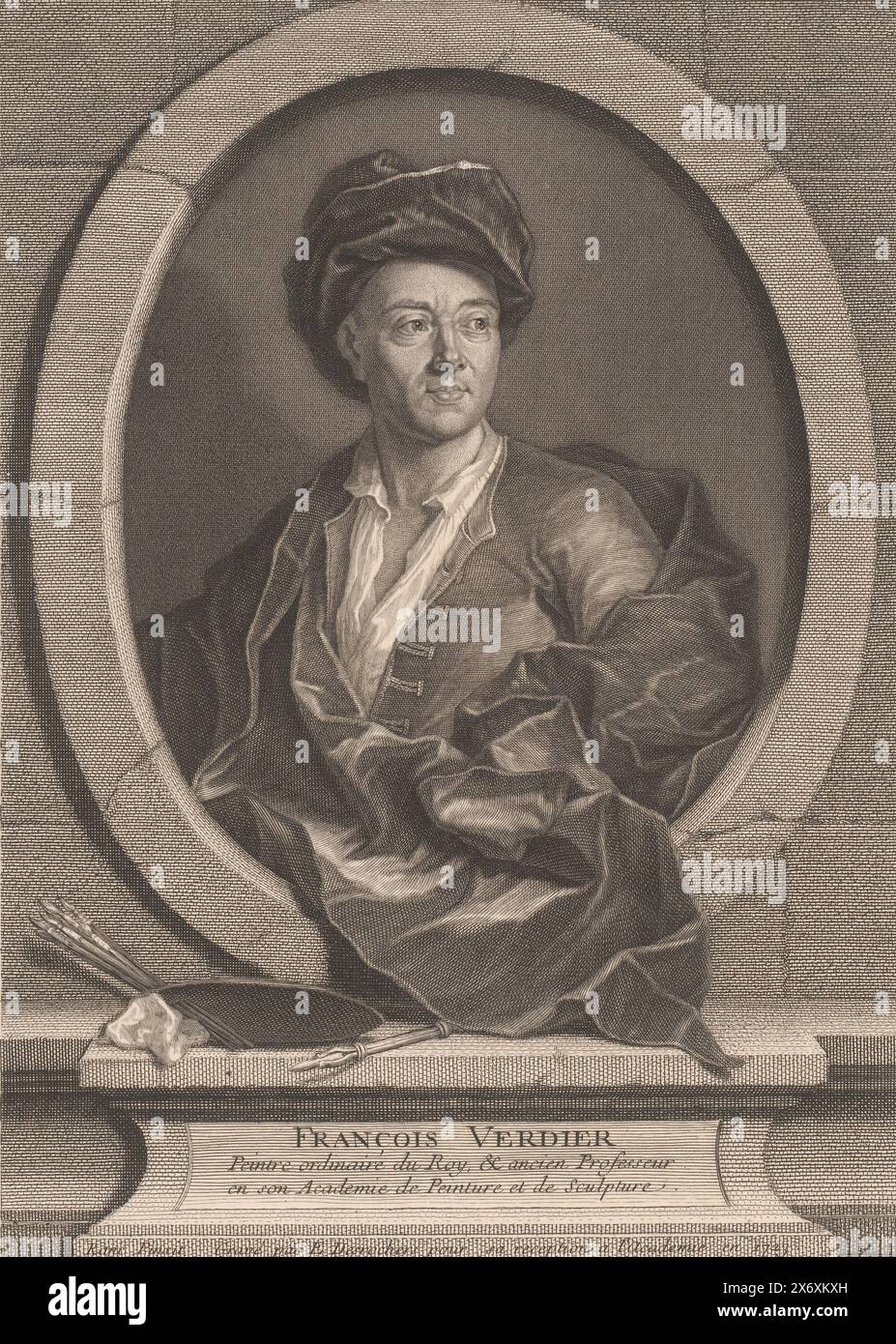 Ritratto di Francesco Verdier, tipografo: Etienne Desrochers, (menzionato sull'oggetto), dopo aver dipinto di: Jean Ranc, (menzionato sull'oggetto), tipografo: Parigi, dopo aver dipinto di: Francia, 1723, carta, incisione, incisione, incisione, incisione, incisione, altezza, 361 mm x larghezza, 257 mm Foto Stock