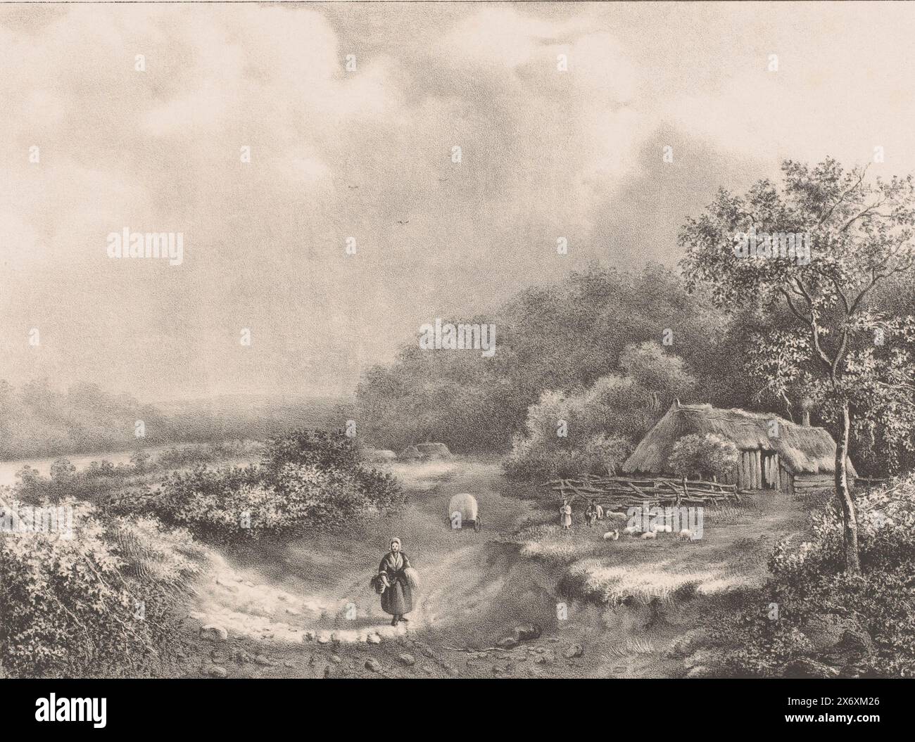 Donna nel paesaggio delle Gheldrie, un Paysage de la Gueldre / Un paesaggio delle Gheldrie (titolo su oggetto), Una donna con un cesto cammina lungo un sentiero in un paesaggio delle Gheldrie. Sulla destra due bambini con pecore davanti ad una fattoria. Sullo sfondo un carro da fieno, case e un fiume sulla sinistra. PL numerato in alto a sinistra. XXXVL., stampatore: Nicolaas Martinus Schild, (menzionato sull'oggetto), su disegno di: Alexander Joseph Daiwaille, (menzionato sull'oggetto), stampatore: Soetens & Fils, (menzionato sull'oggetto), l'Aia, 1837 - 1840, carta, altezza, 313 mm x larghezza, 435 mm Foto Stock