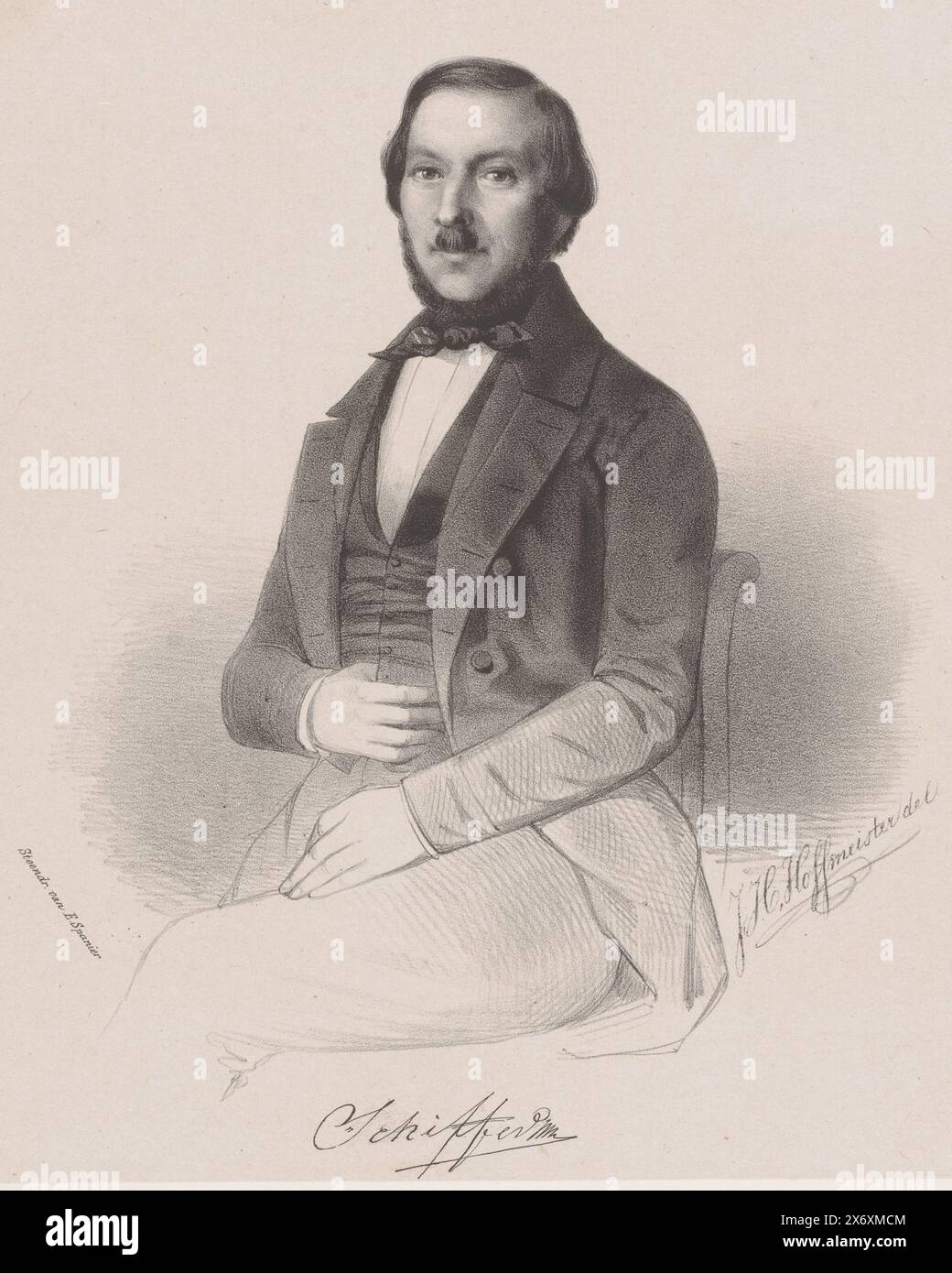 Ritratto di Cornelis Schiffer, tipografo: Johan Hendrik Hoffmeister, (menzionato sull'oggetto), tipografo: Elias Spanier, (menzionato sull'oggetto), tipografo: Paesi Bassi, stampante: l'Aia, 1833 - 1891, carta, altezza, 500 mm x larghezza, 328 mm Foto Stock